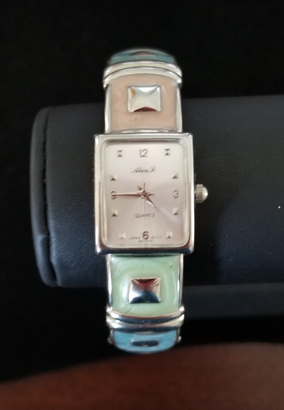 Alex, L. Silver Tone Cuff/Bangle Watch Multicolor Enamel Band 6.25″ New Battery