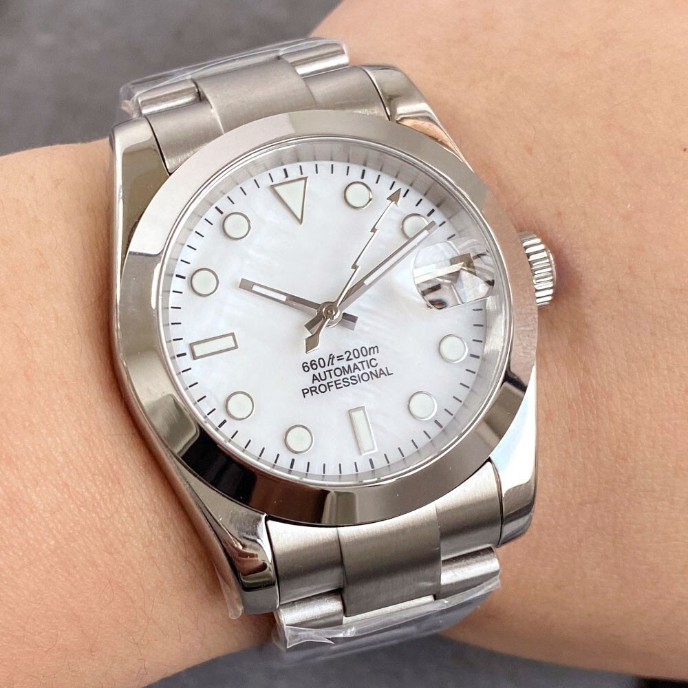 20ATM Diving 36mm NH35 Automatic Watch Men White Shell Dial Steel Bracelet