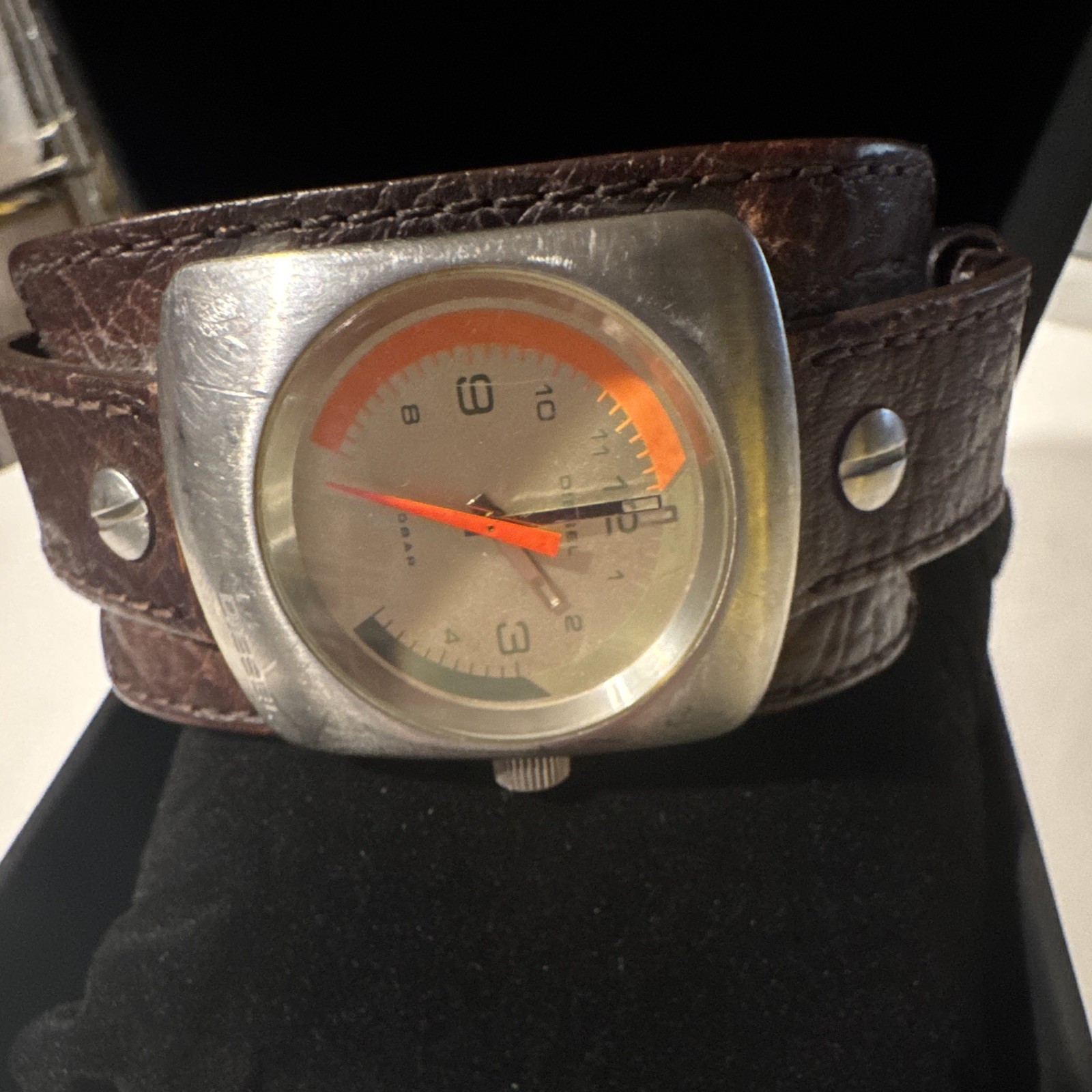 Diesel Quartz Analog Square Silver Case Brown Leather Strap Gray/Orange Dial Box