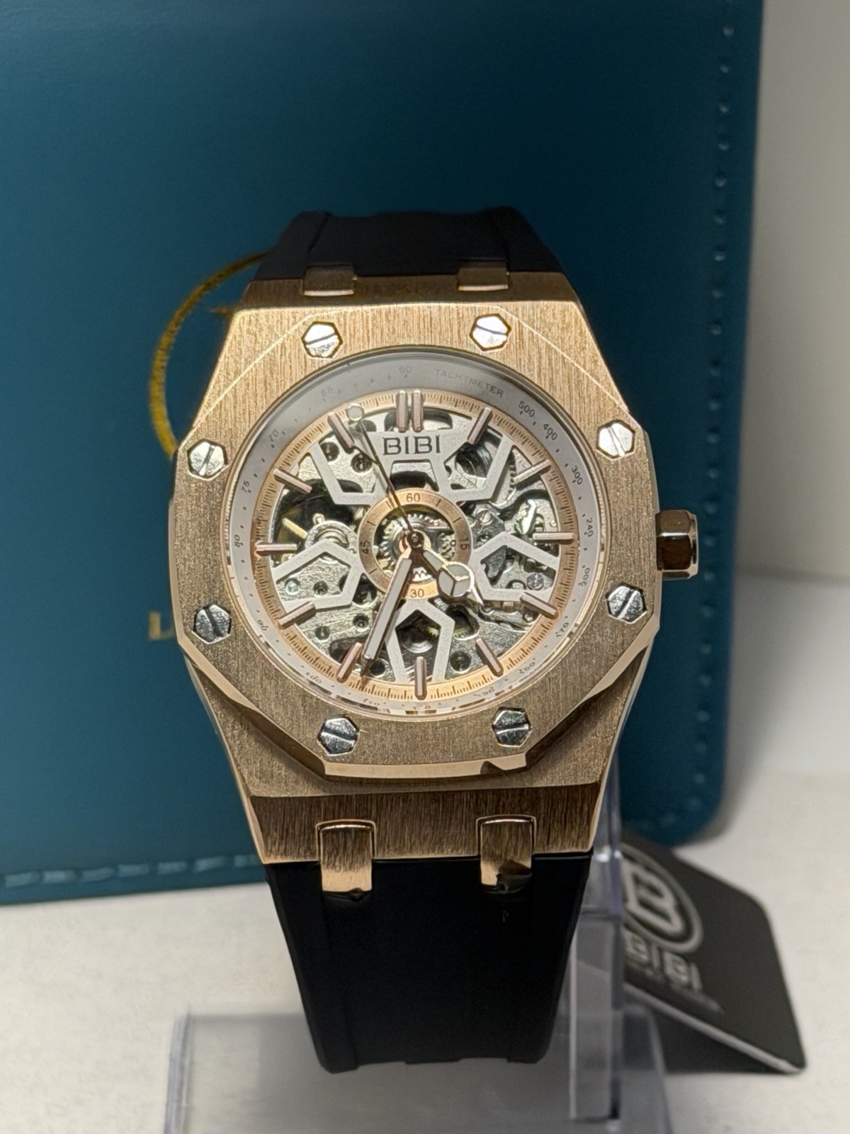 BIBI Skeleton Automatic Watch Rose Gold Black Silicone Strap 41.5mm! SLEEK! NEW!