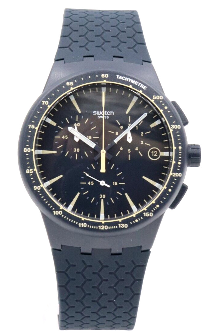 New Swiss Swatch Originals MEINE SPUR Navy Silicone Chrono Watch 42mm SUSN407