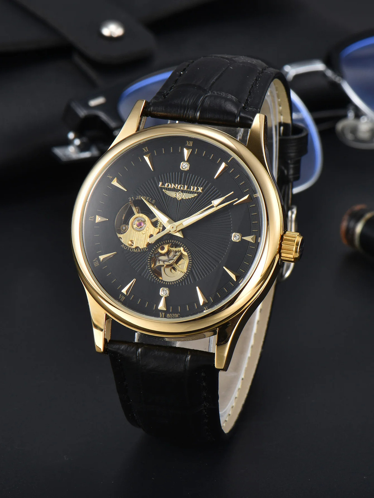 LONGLUX Men’s Automatic Skeleton Watch Roman Numerals Leather Waterproof