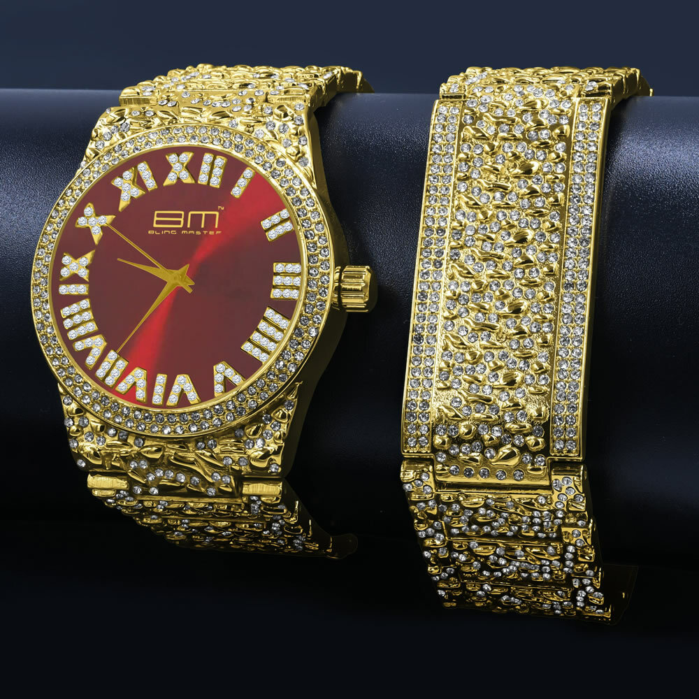 New Men’s Yellow Gold Finish w/ Red Face “Flamboyant” Watch & Bracelet Gift Set