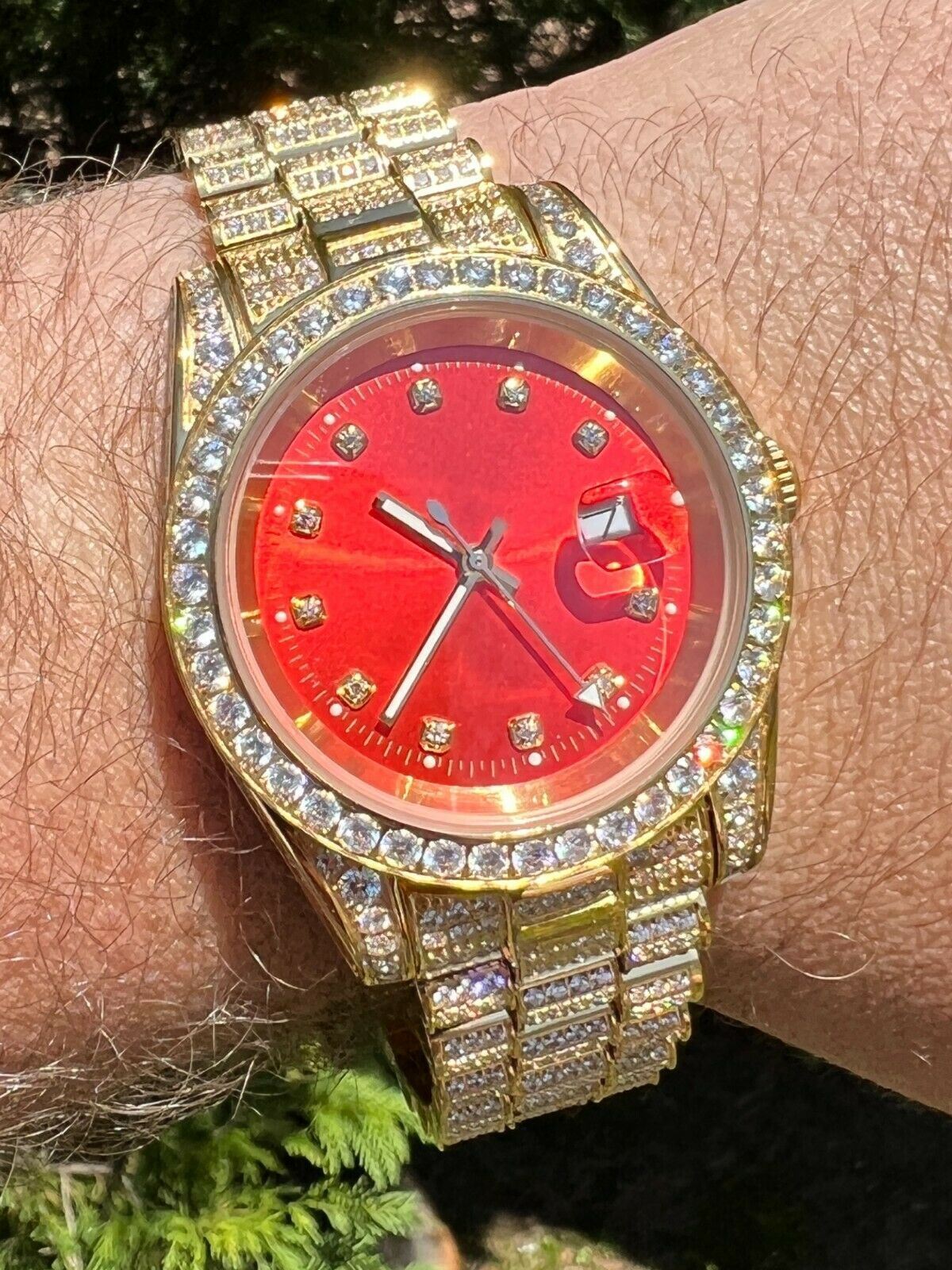 Mens Red Dial Presidential Real 41mm Gold Plated Watch Icy 12ct Flooded Out CZ