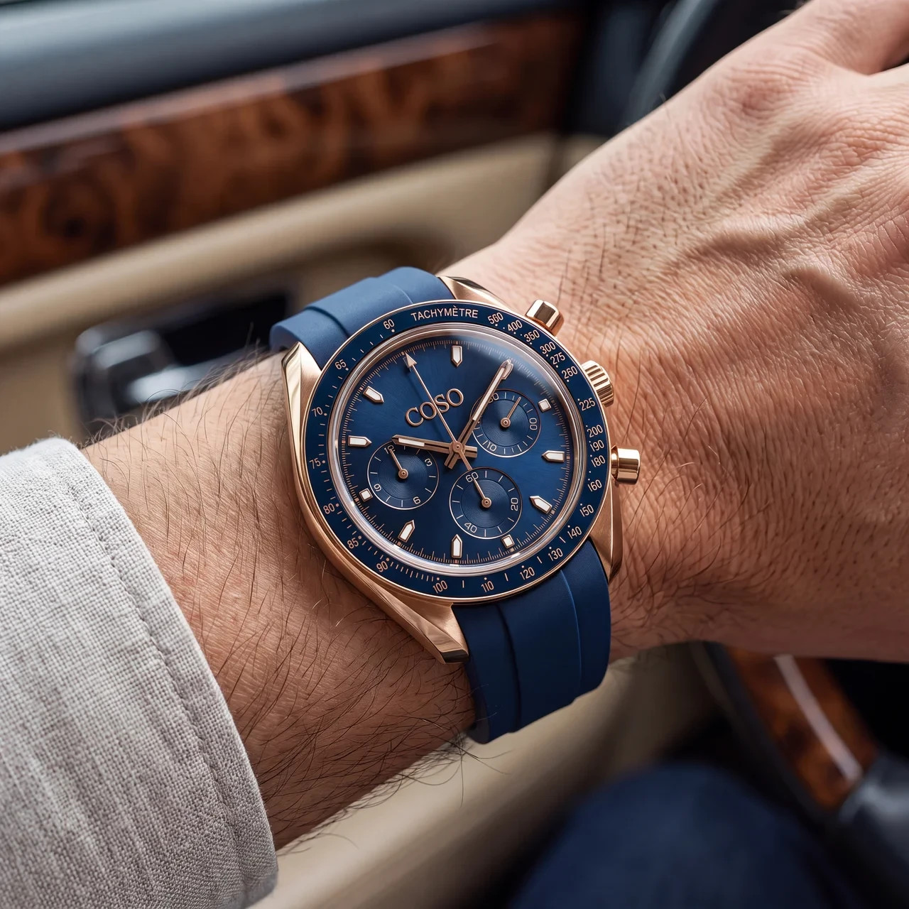 COSO Torvex Chronograph Watch Navy Blue Dial Rose Gold Case Blue Strap