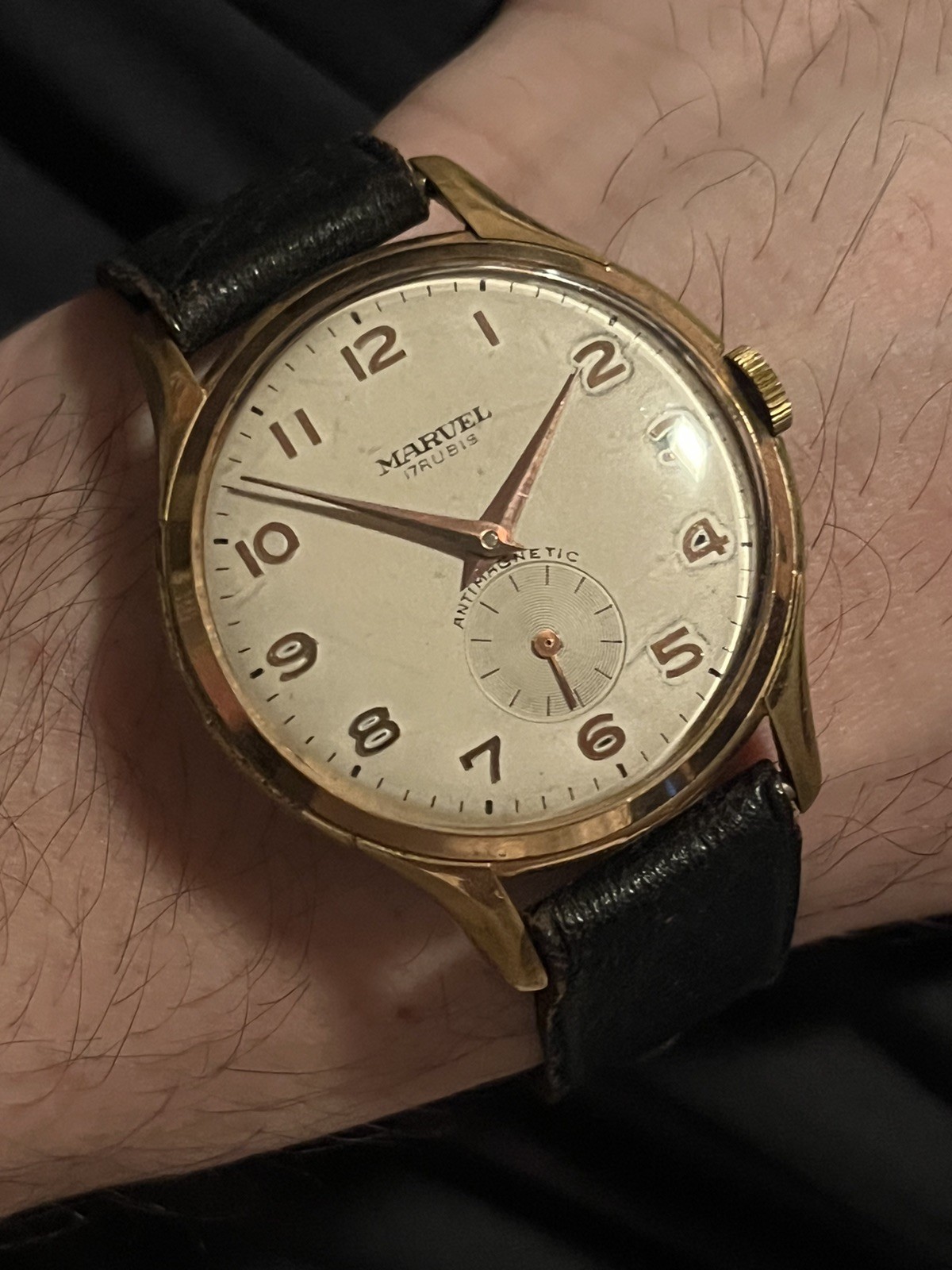 VINTAGE MARVEL WATCH MANUAL WIND sub second Gold Plate Calatrava Arabic Numerals