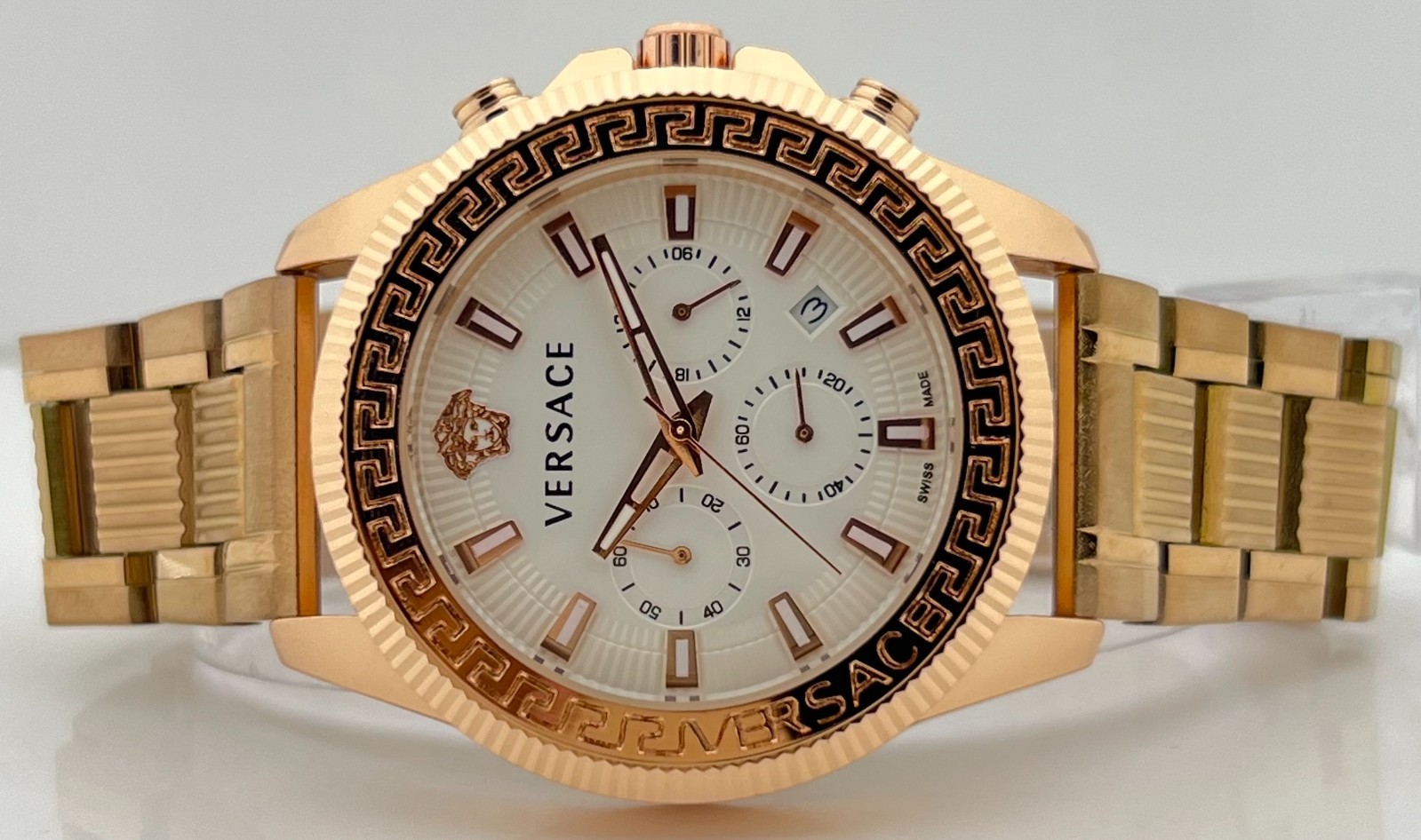 Premium Men’s Versace Greca Action Chronograph White Dial Date Wristwatch