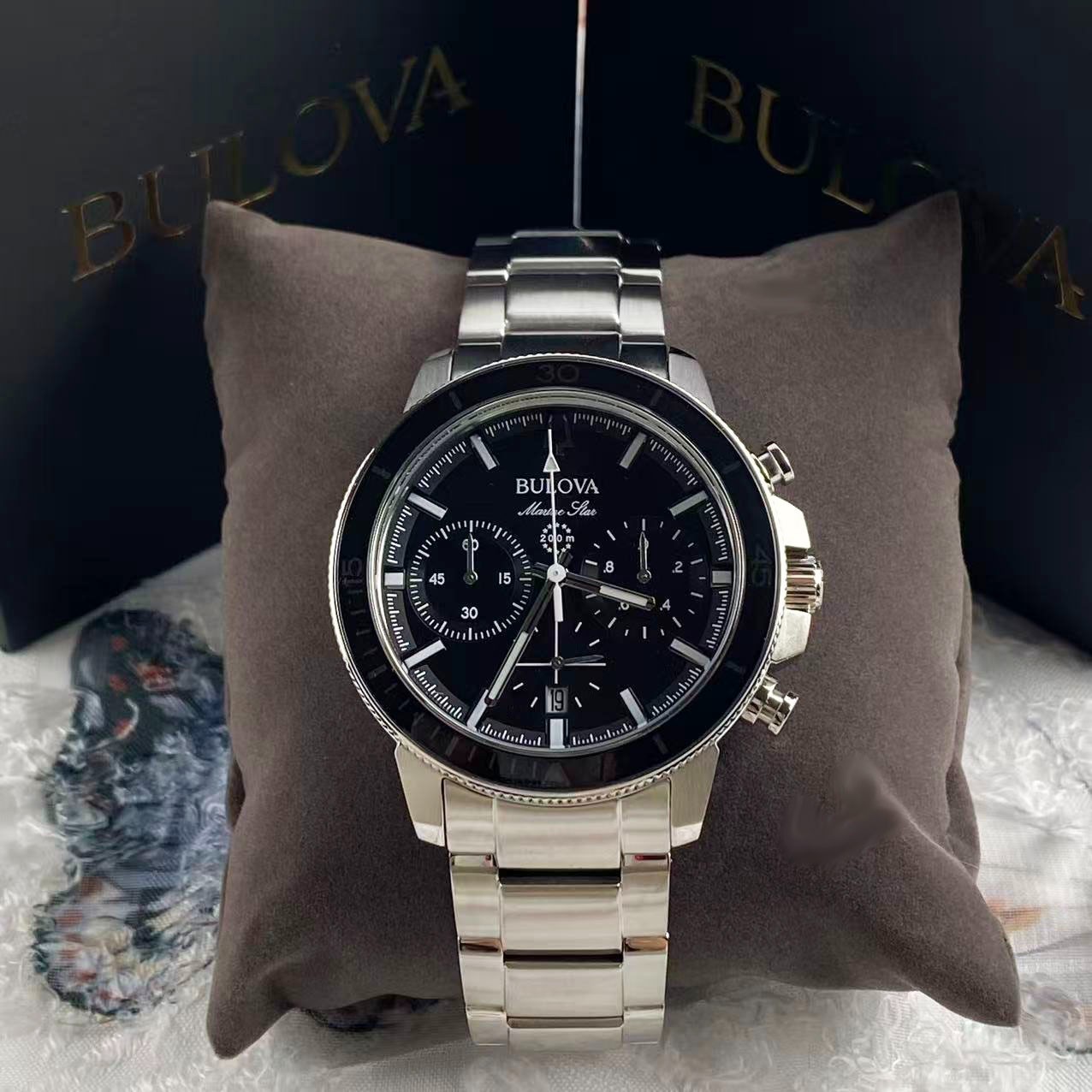 New Bulova Marine Star 45mm Black Dial Stainless Steel Men’s Quartz Watch 96B272