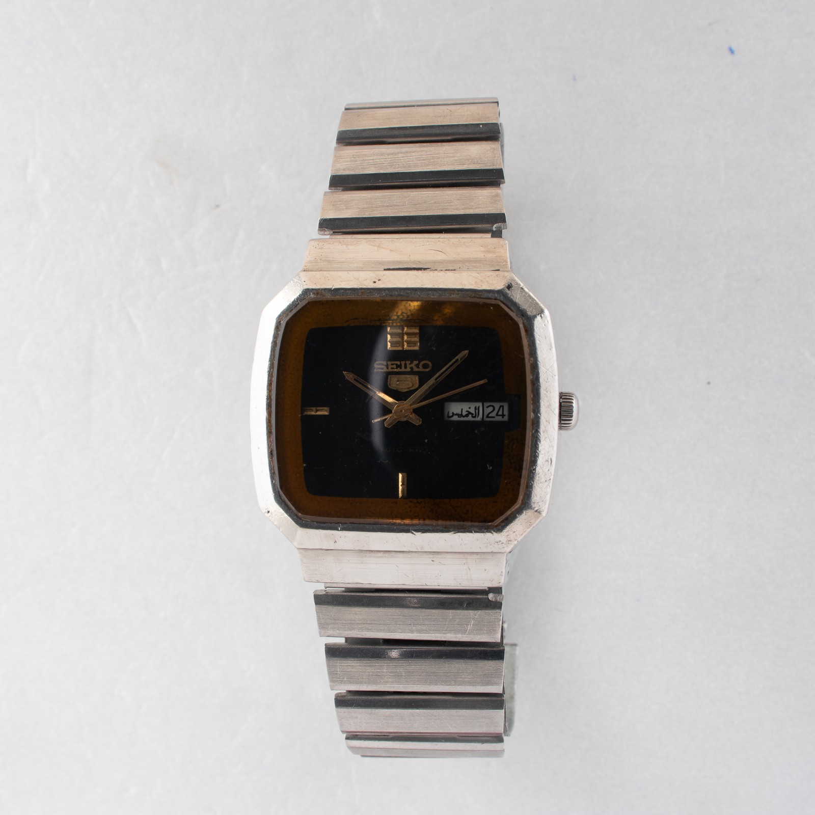 Vintage Seiko 5 Auto 6309-525J Unique Geometric Design Black Dial 1980 Men Watch
