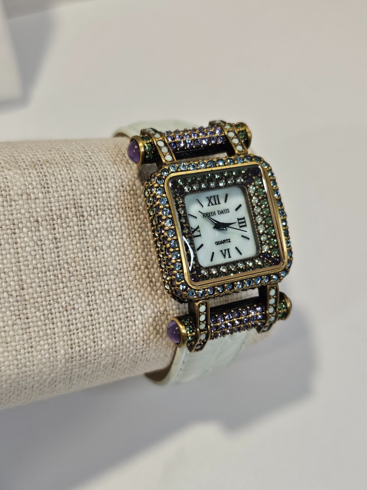 Heidi Daus Watch multicolor crystal green leather band