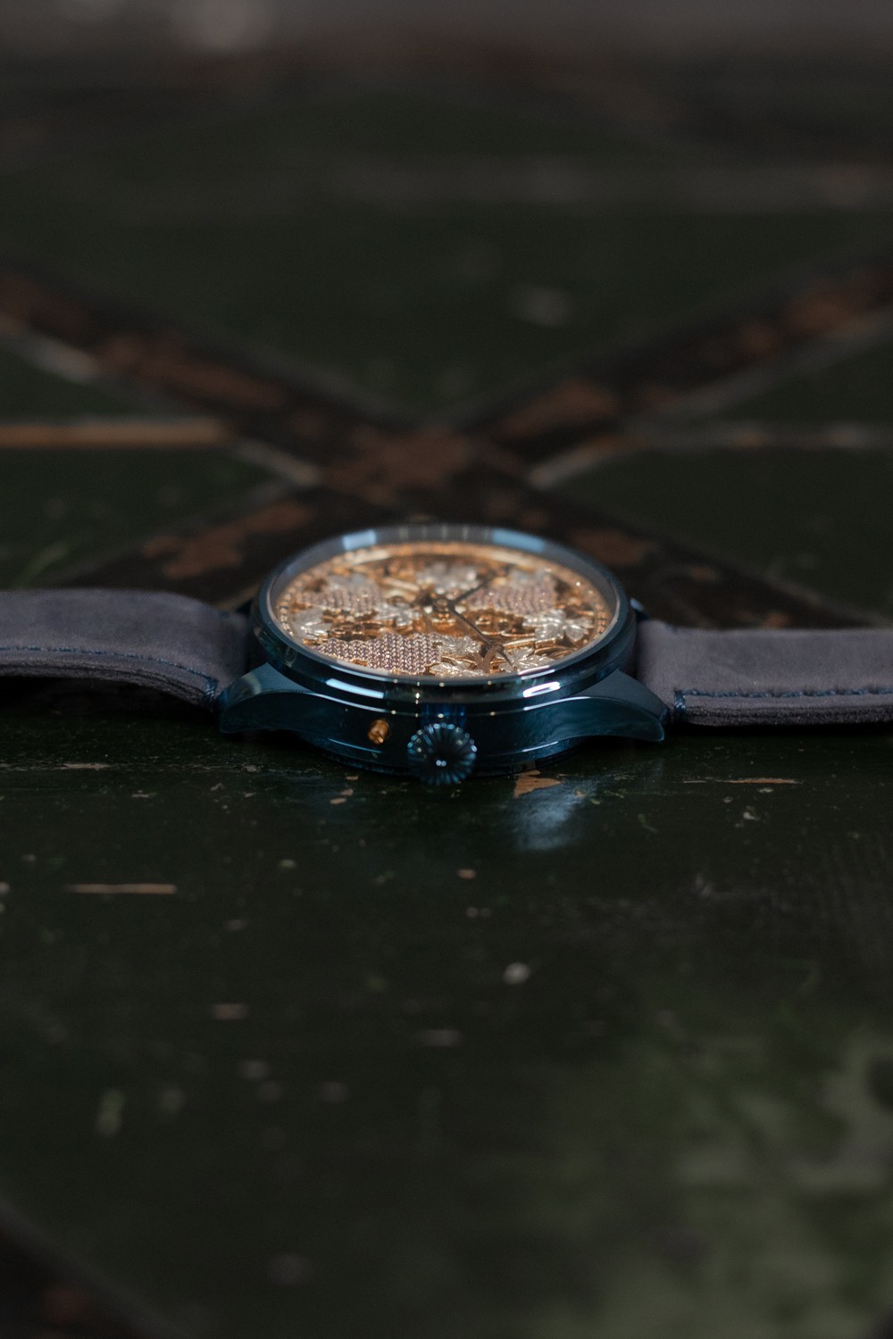 SWISS MOVEMENT SKELETON “GRAPE” ENGRAVED WRISTWATCH CUSTOM MADE MARRIAGE WATCH