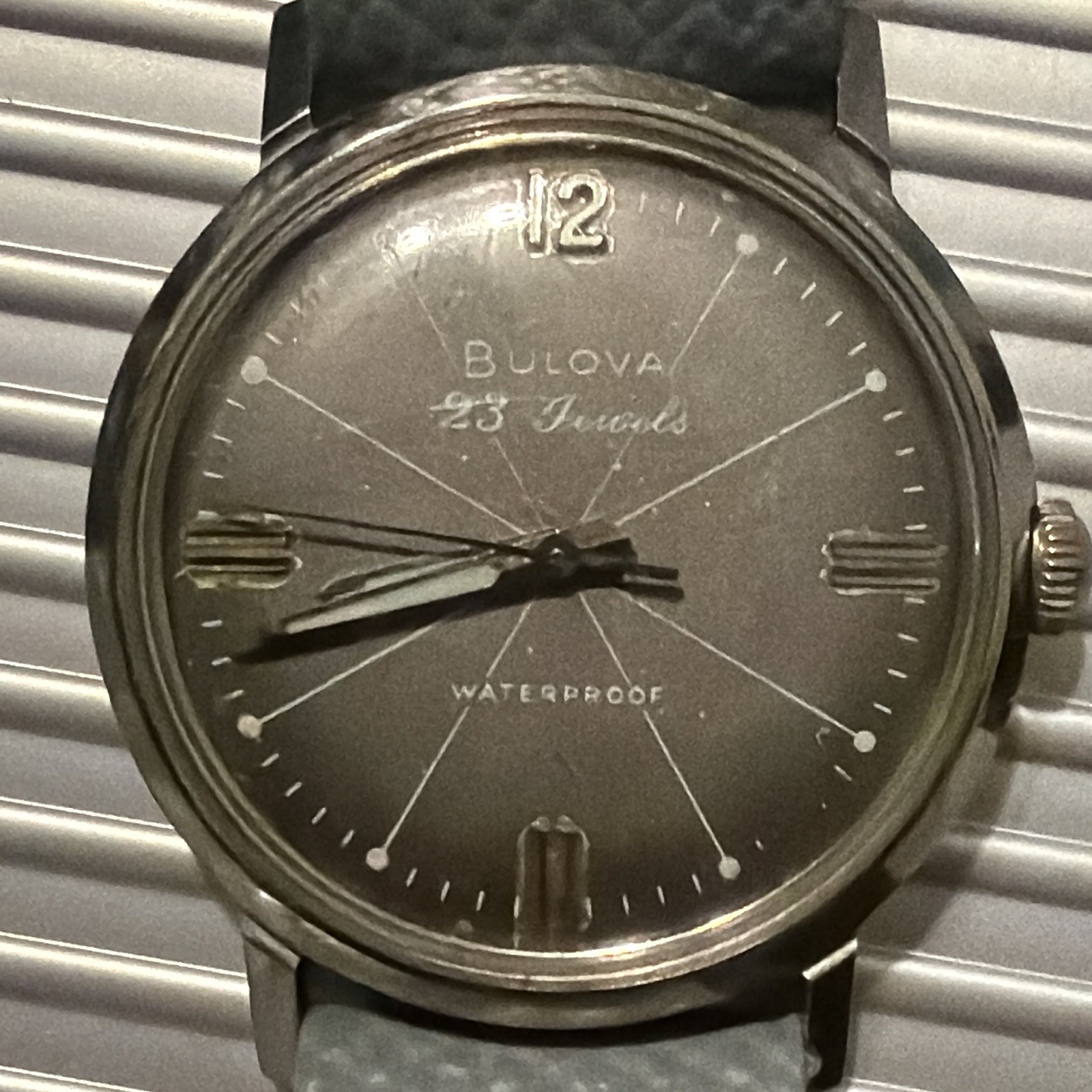 Bulova Vintage 1963 23 Jewel Manual Wind Watch Gray Dial Black Leather 32-36mm