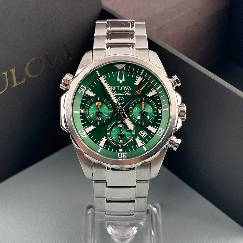 Bulova Marine Star 96B396 Chronograph Men’s Quartz Watch Green Dial 43mm