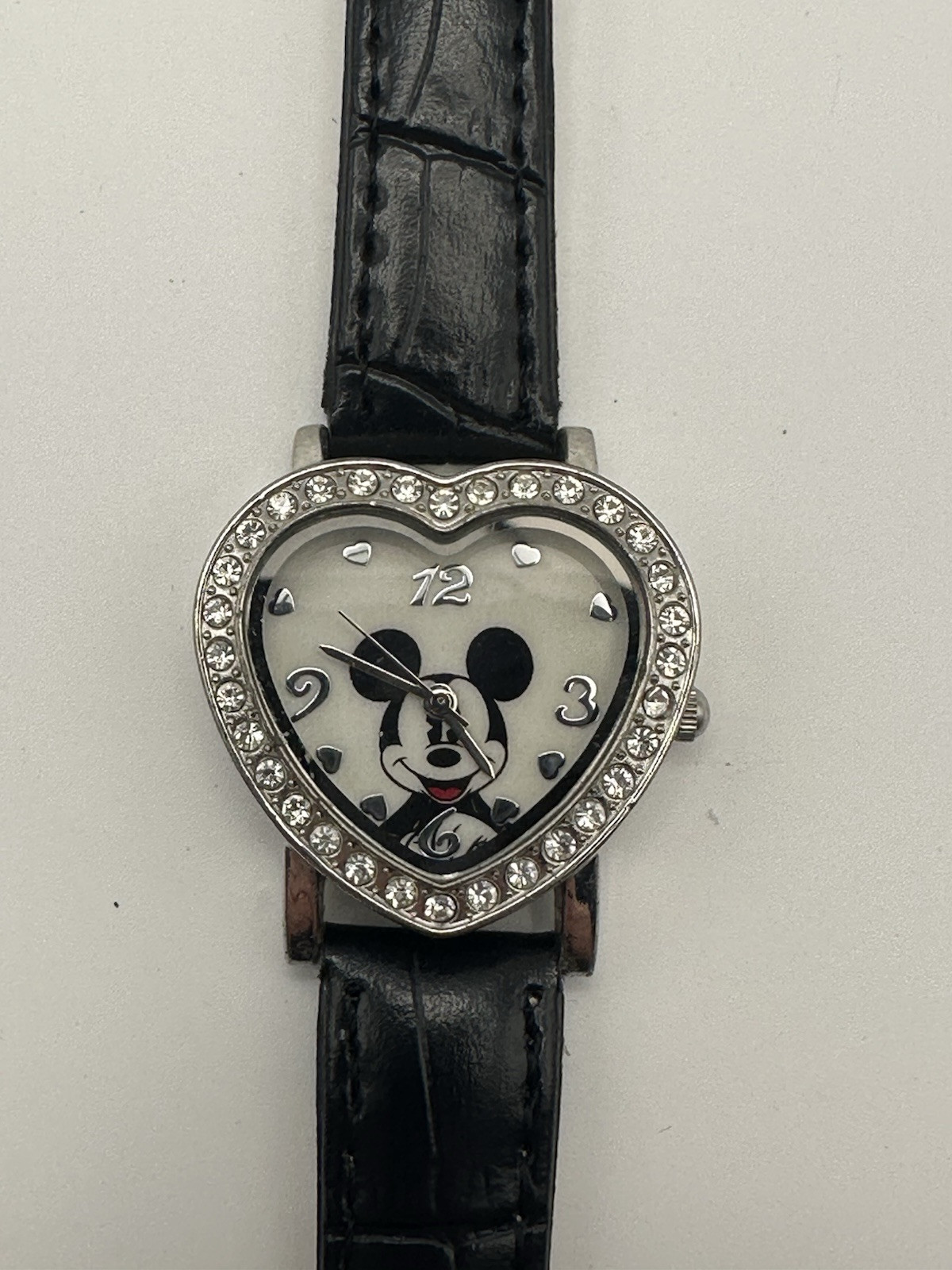 Disney Mickey Mouse Watch Heart Crystals Silver tone NEW Battery
