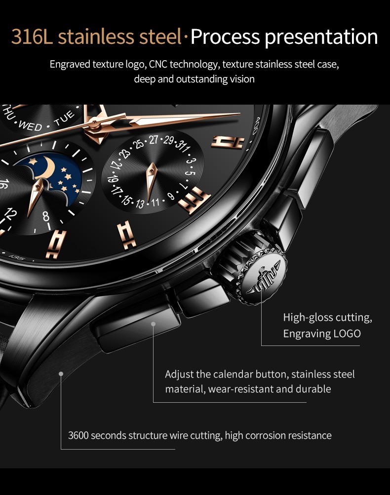 Automatic Mechanical Watch Waterproof Moon Phase Luxury Men Men’s Strap
