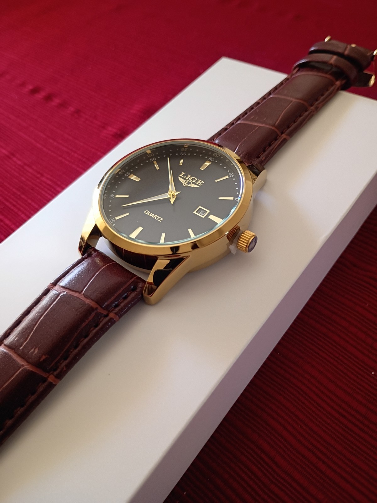 LIGE Men’s Analog Quartz Watch Gold Case Black Dial Date Brown Leather