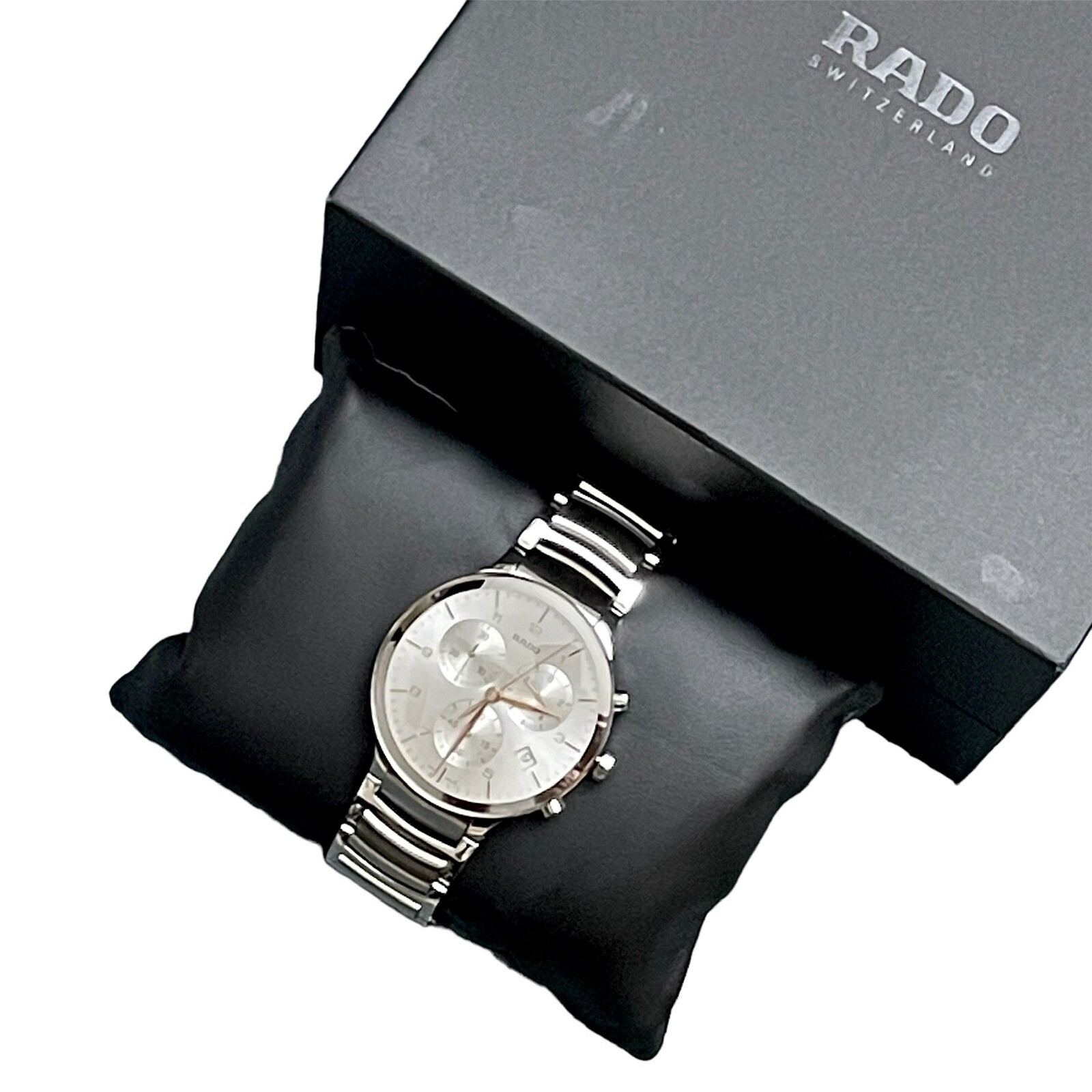 Rado Men’s 54201223 Centrix Chronograph Display Swiss Quartz Silver WR Watch EUC
