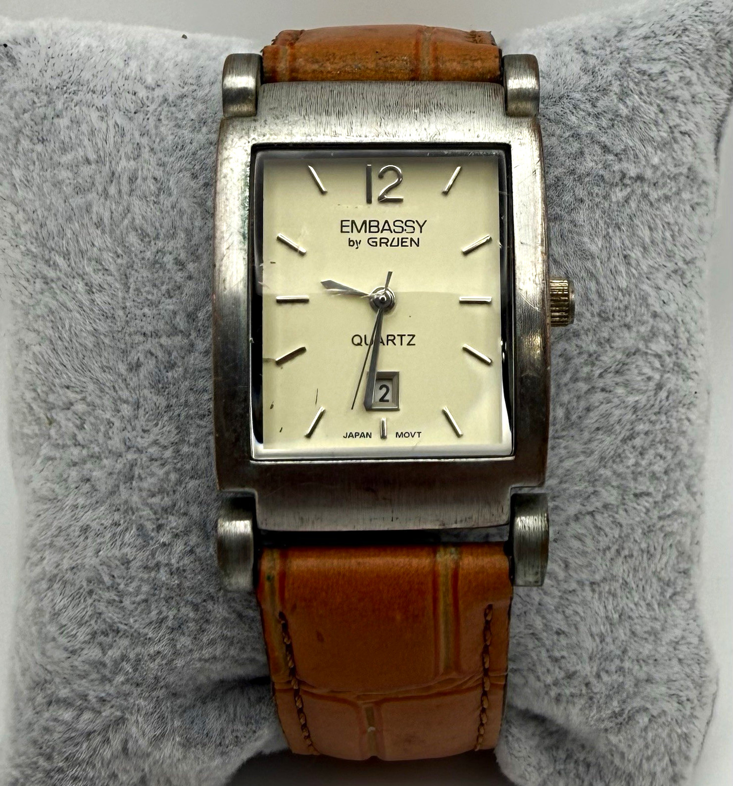 Gruen Embassy Quartz Silver Dial Silver Rectangular Case Date Brown Leather