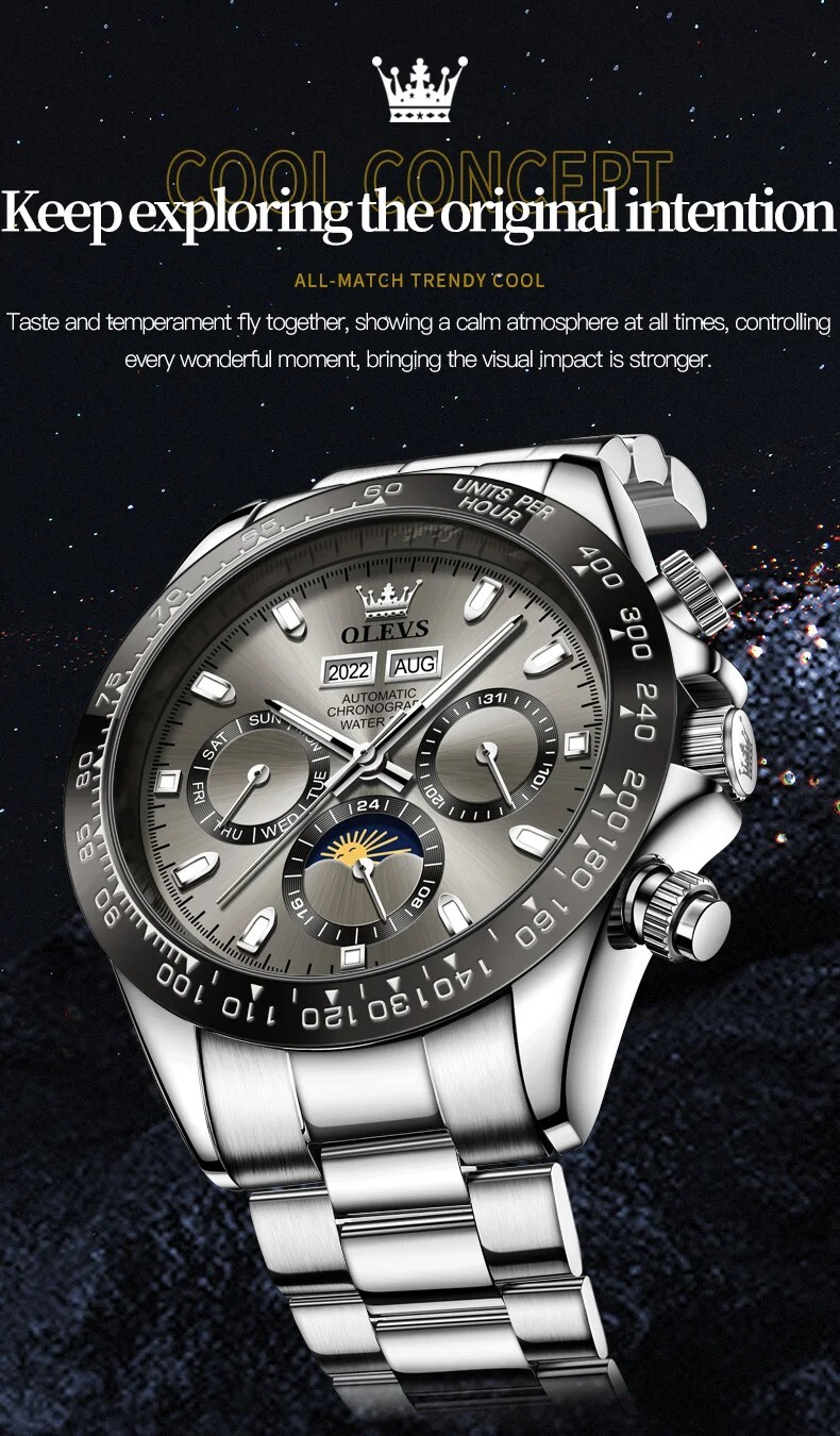 OLEVS Automatic Self-Wind Men’s Moon Phase Luminous Date Luxury Mechanical Watch