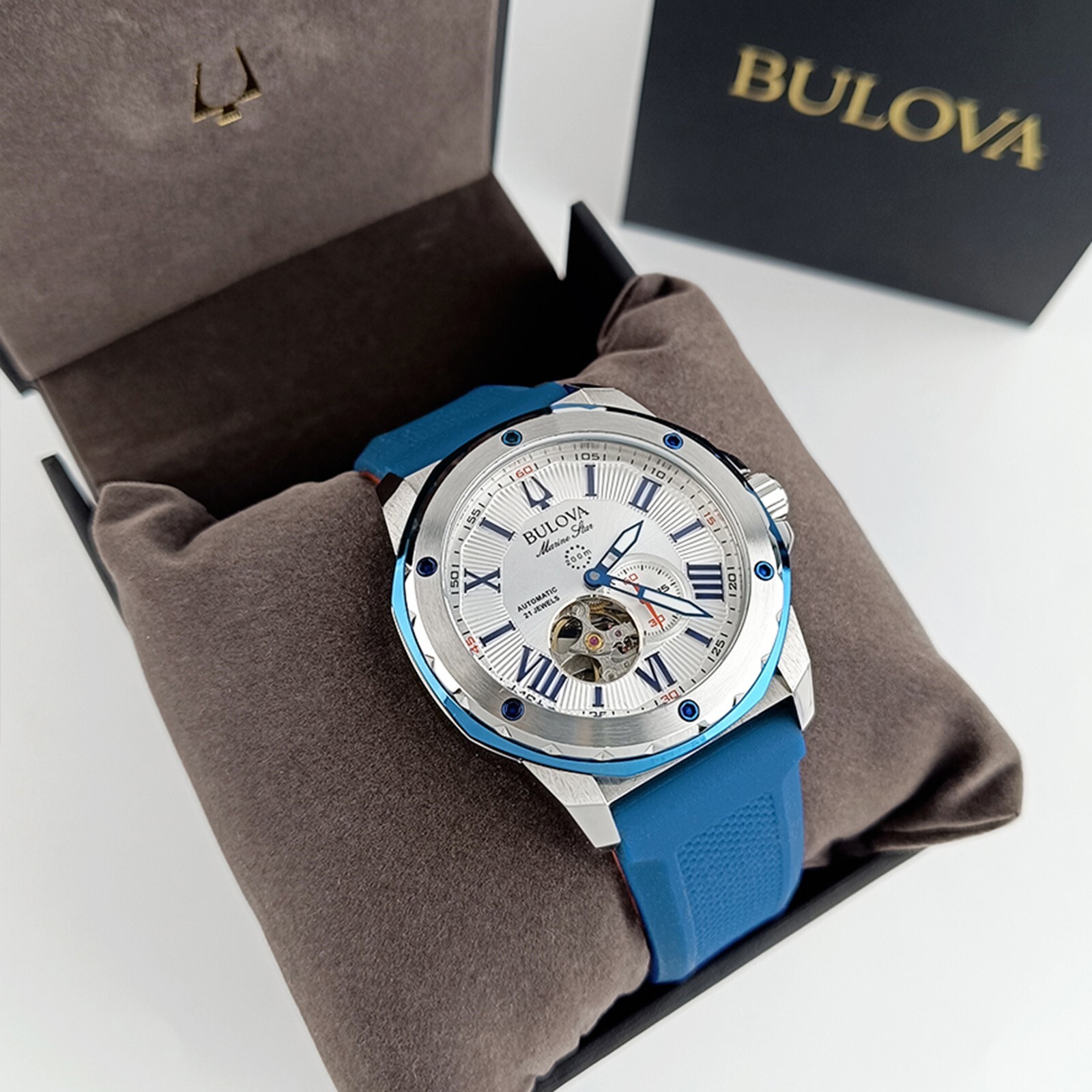Bulova Marine Star White Dial Blue Rubber Strap 98A225 Automatic Men Watch 45mm