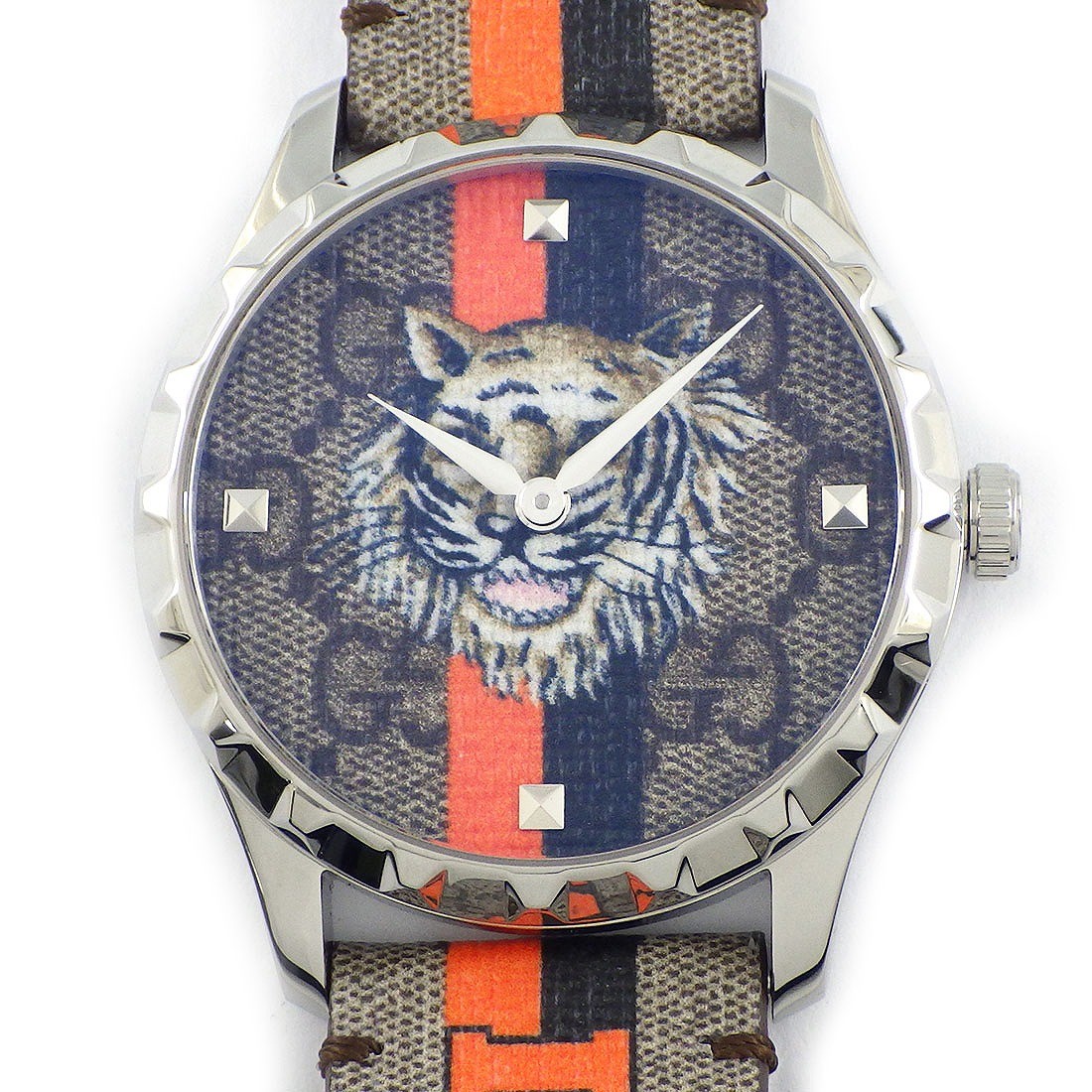 GUCCI Watch G Timeless 126.4 Tiger Motif GG Supreme Fabric Dial Leather SS Qz