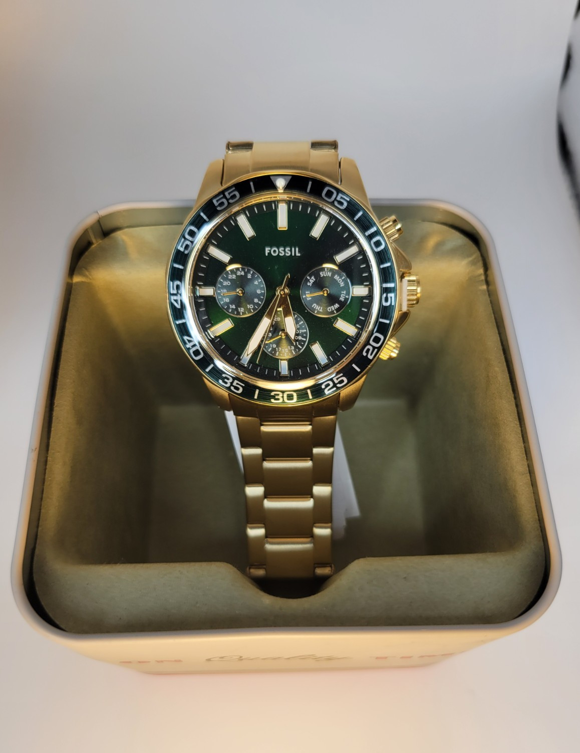 FOSSIL Bannon Mens Multifunction Watch Dark Green Dial Gold Stainless Steel Band