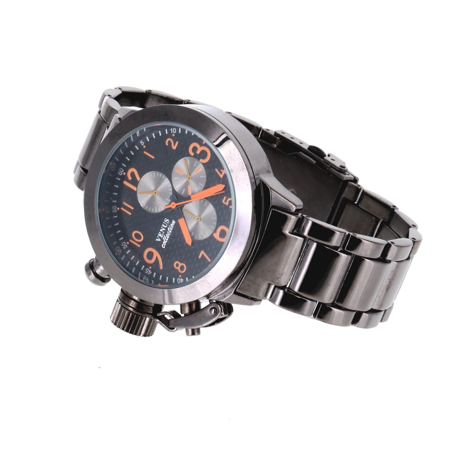 Venus collection Men’s Oversize Watch & Crown Black Finish Metal Band 46mm