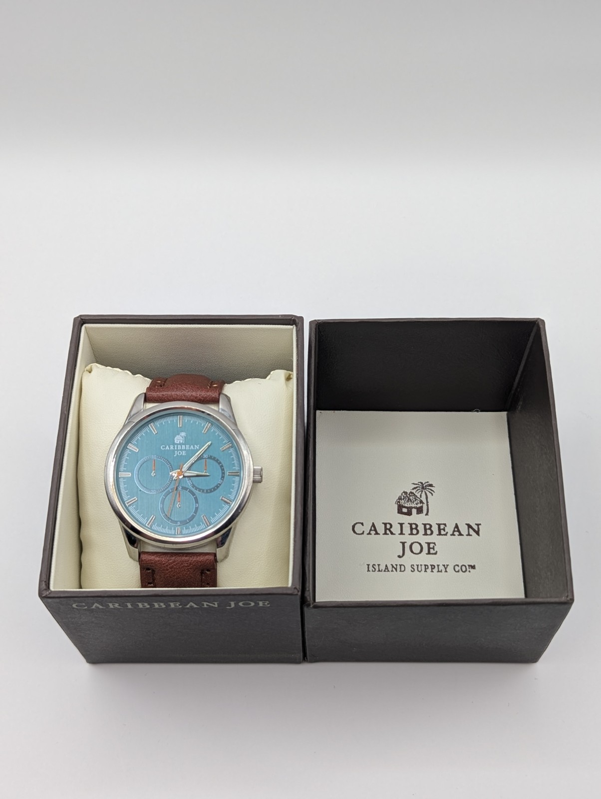 RARE Caribbean Joe Watch Men’s Green/Blue Brown Leather *READ DESCRIPTION*