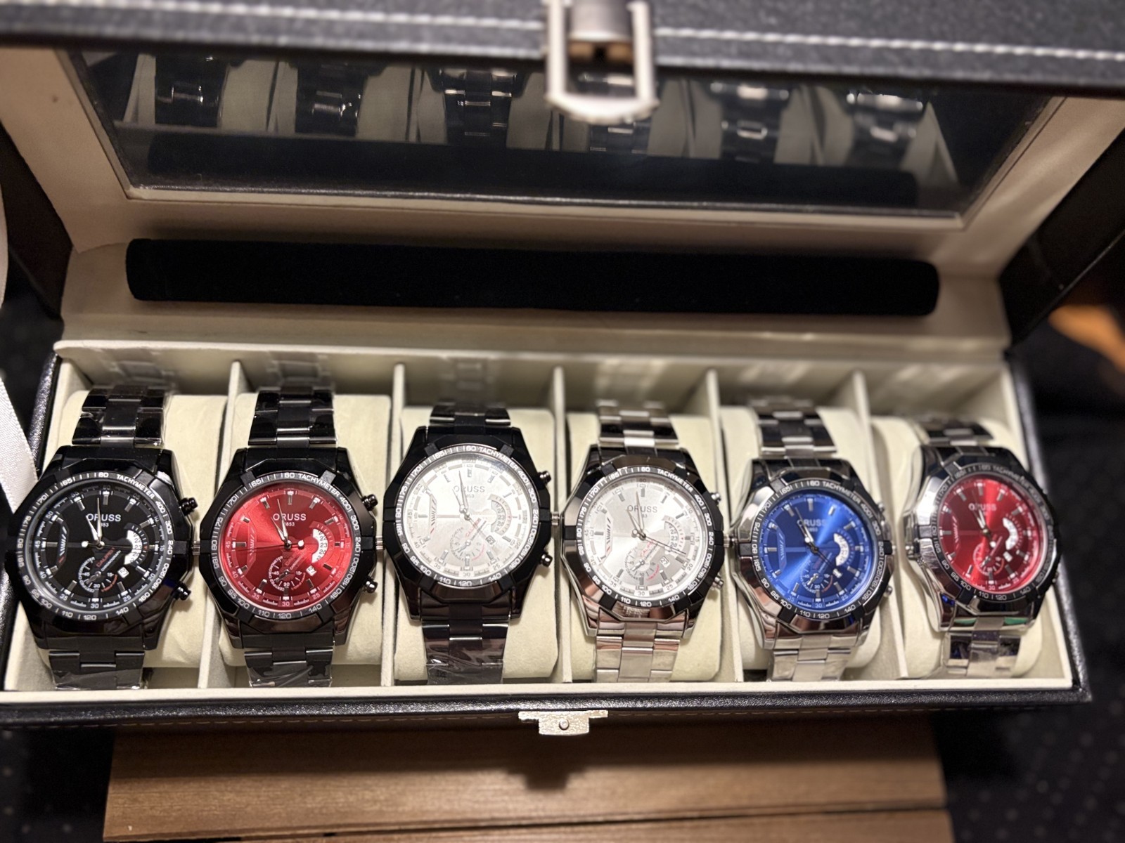 ORUSS 1853 Men’s Watch Gift Set Of 6, Red Black Blue w/ Display Case / Link Tool