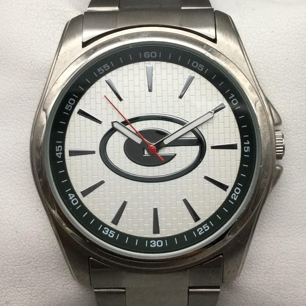 Green Bay Packers Mens Watch 45mm Silver Tone Game Time NFL New Battery 7.75″