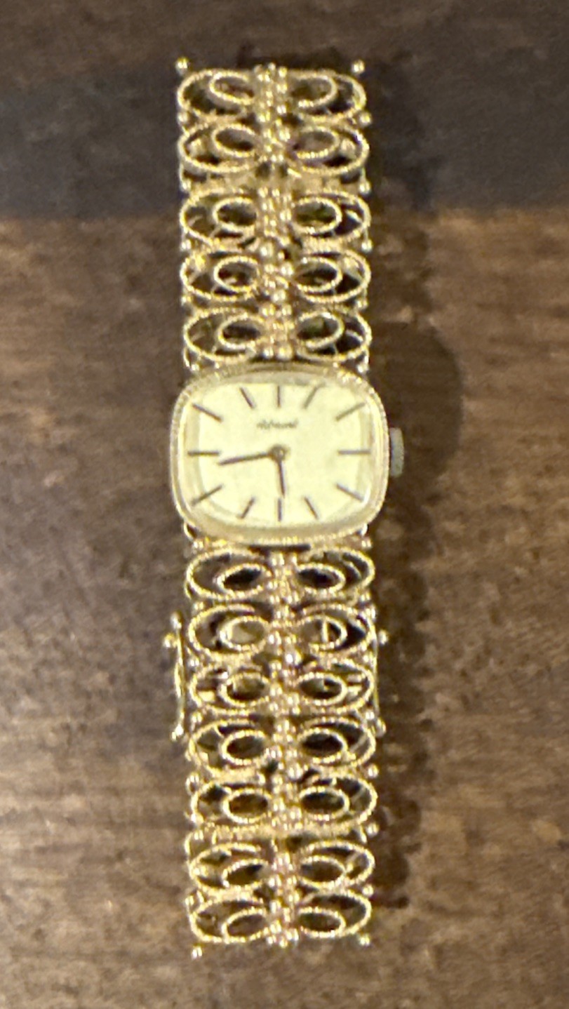 Admark Co. Germany 17 Jewel Women’s Intricate Gold Tone Bracket Wristwatch Works