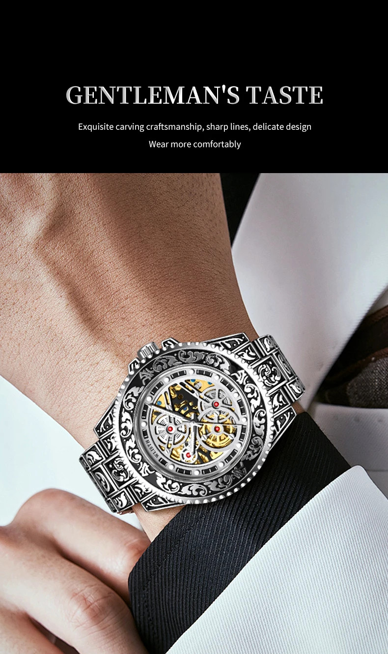 Automatic Mechanical Watch For Men Retro Luminous Stainless Steel Strap Reloj