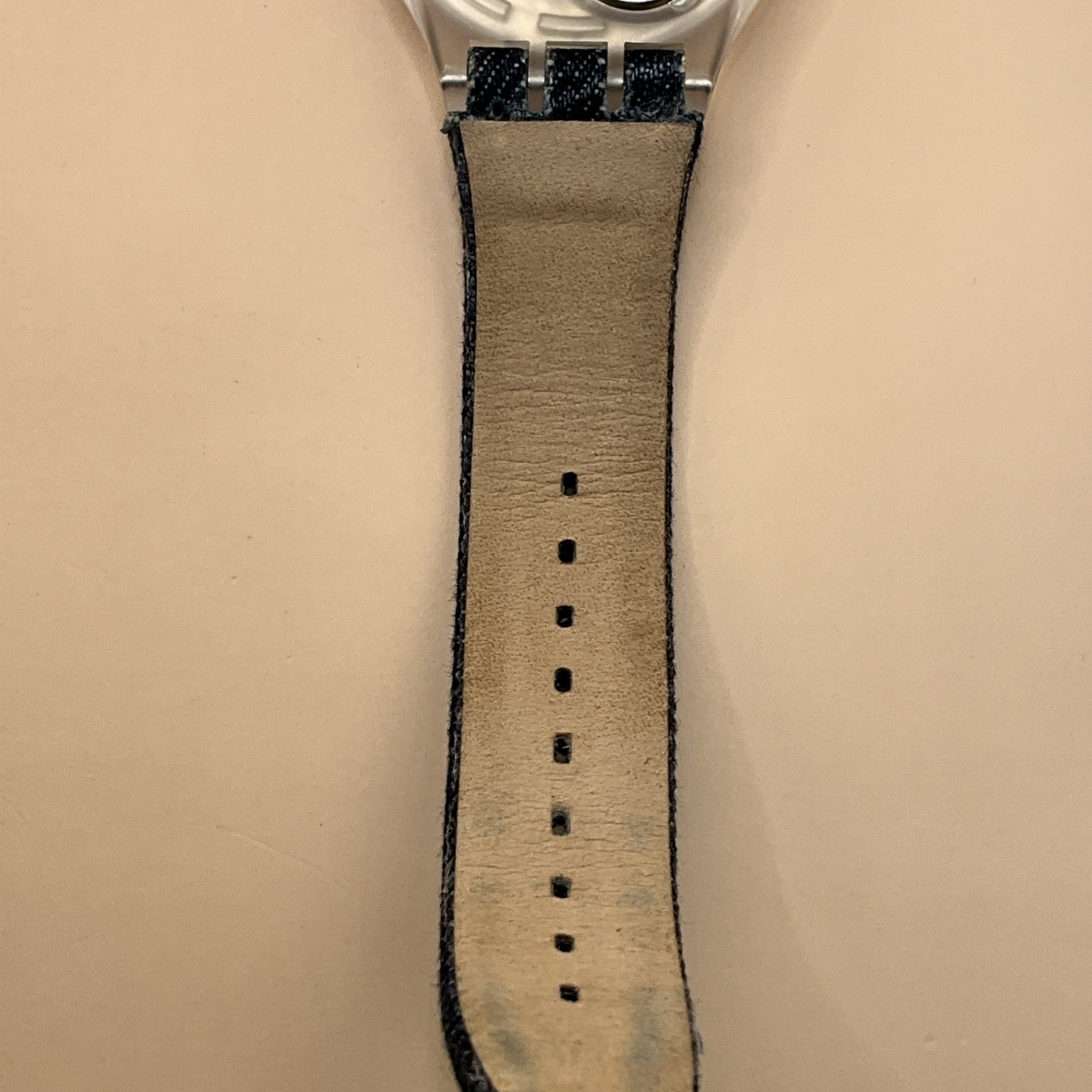Swatch AG-2012 Clear Case Silver Dial with Denim/Leather Band – New Battery