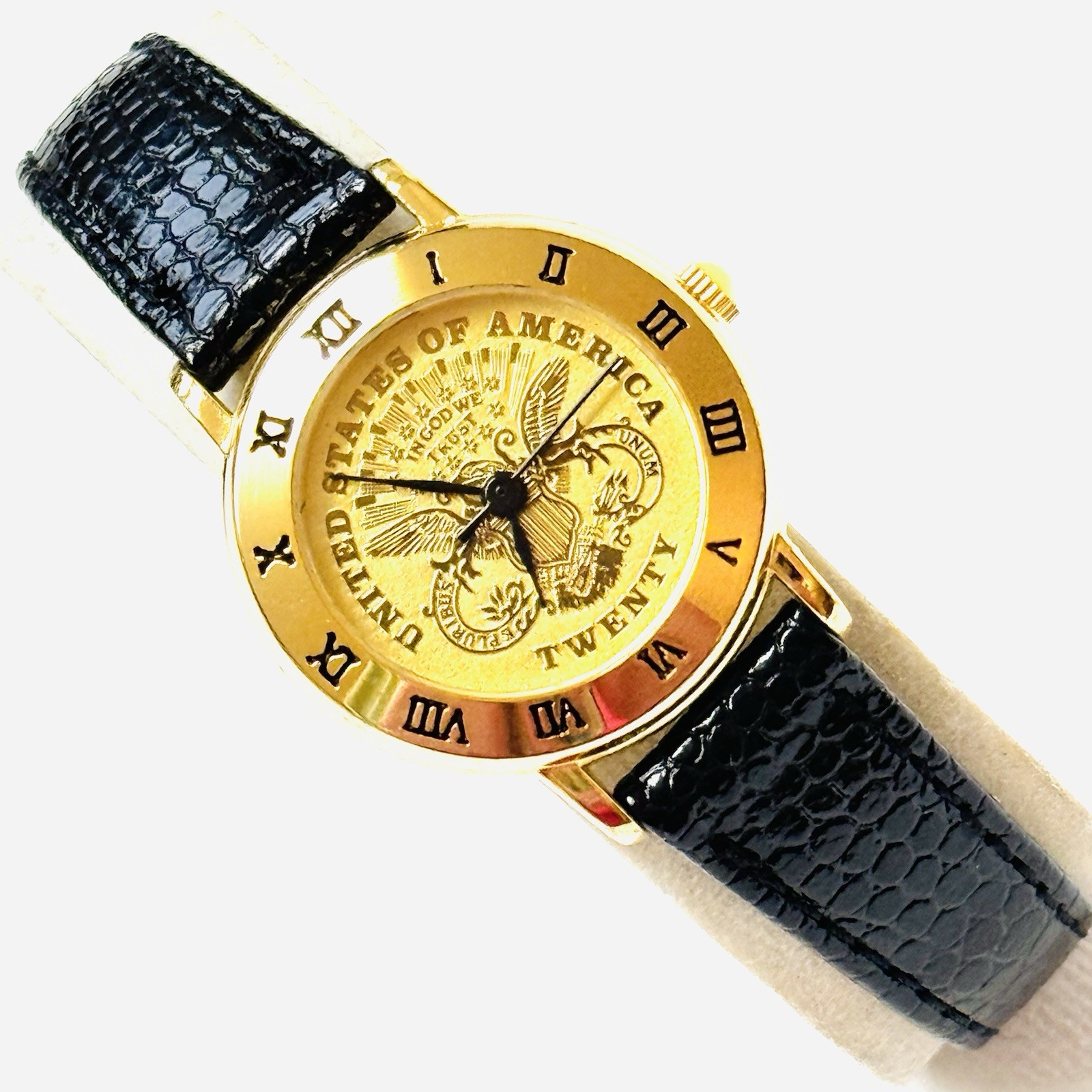 Vintage Twenty Coin Watch Women’s 26mm Gold Black Leather United States 1040L