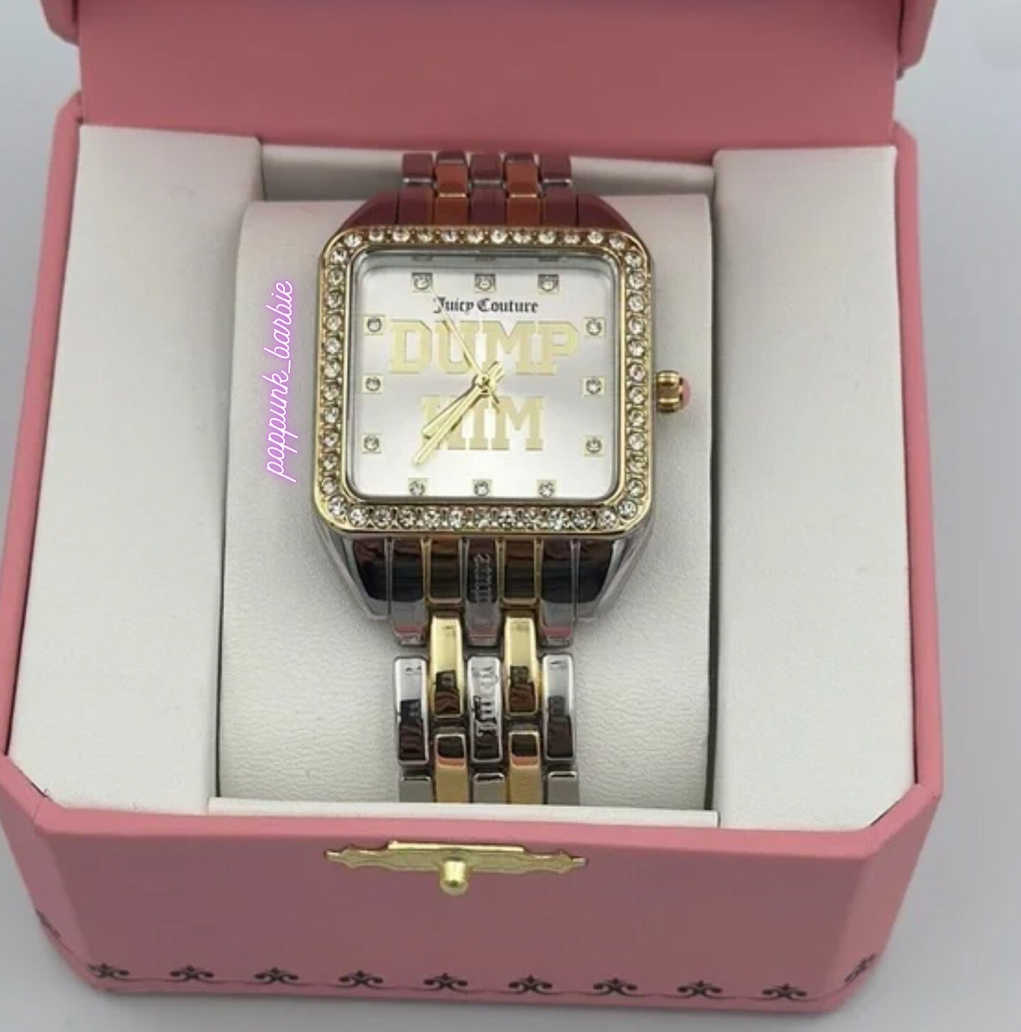 Juicy Couture Dump Him Watch NIB Crystal Bling Y2K Gold Silver Square Rare