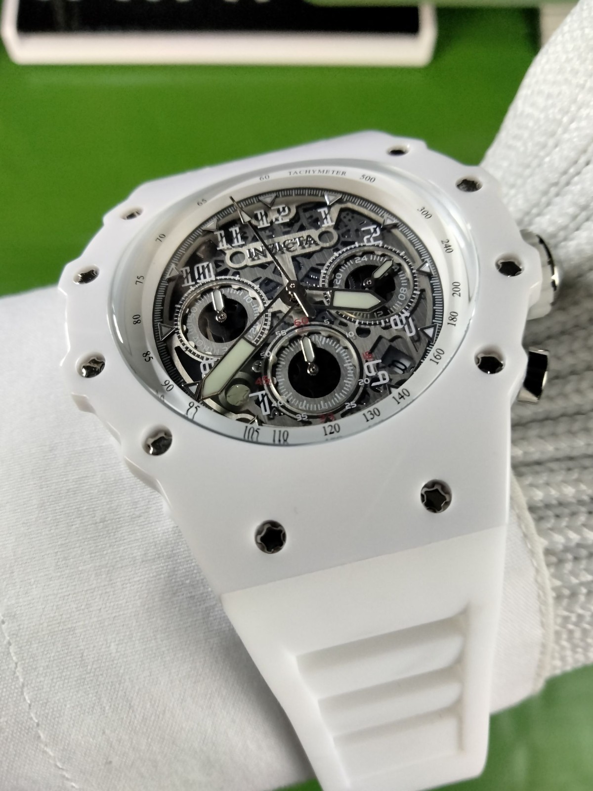 Invicta Racing 69668 Men White Skeleton Silver Dial Silicone Quartz Watch 43.5mm