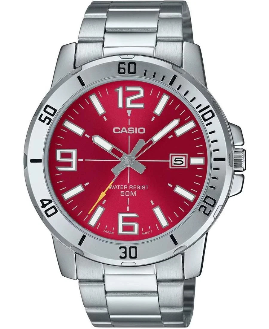 Casio MTP-VD01D-4BV Men’s Red Dial Silver Stainless Steel Watch Date Display New