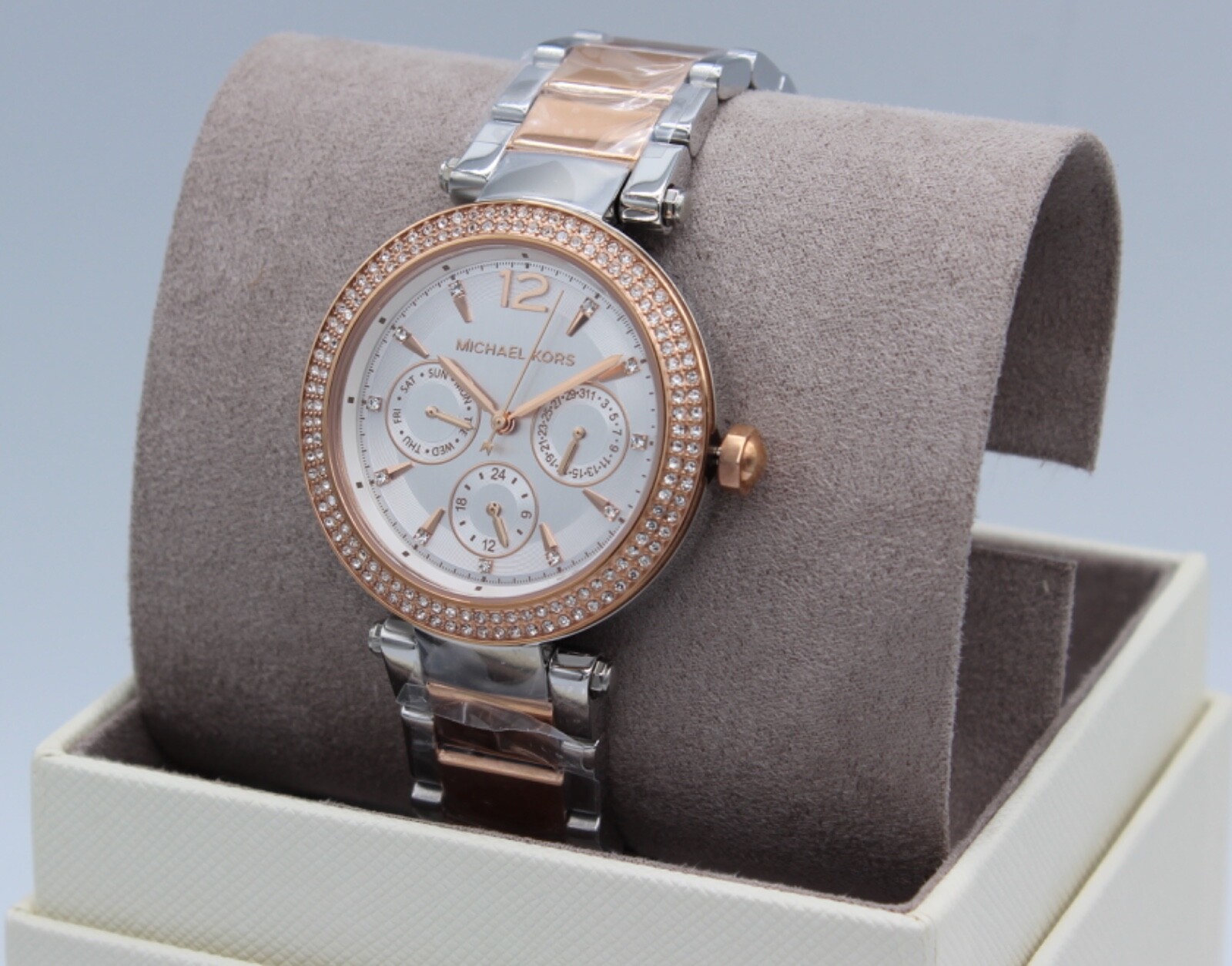 NEW AUTHENTIC MICHAEL KORS PARKER CHRONO SILVER ROSE GOLD MK6301 WOMEN’S WATCH