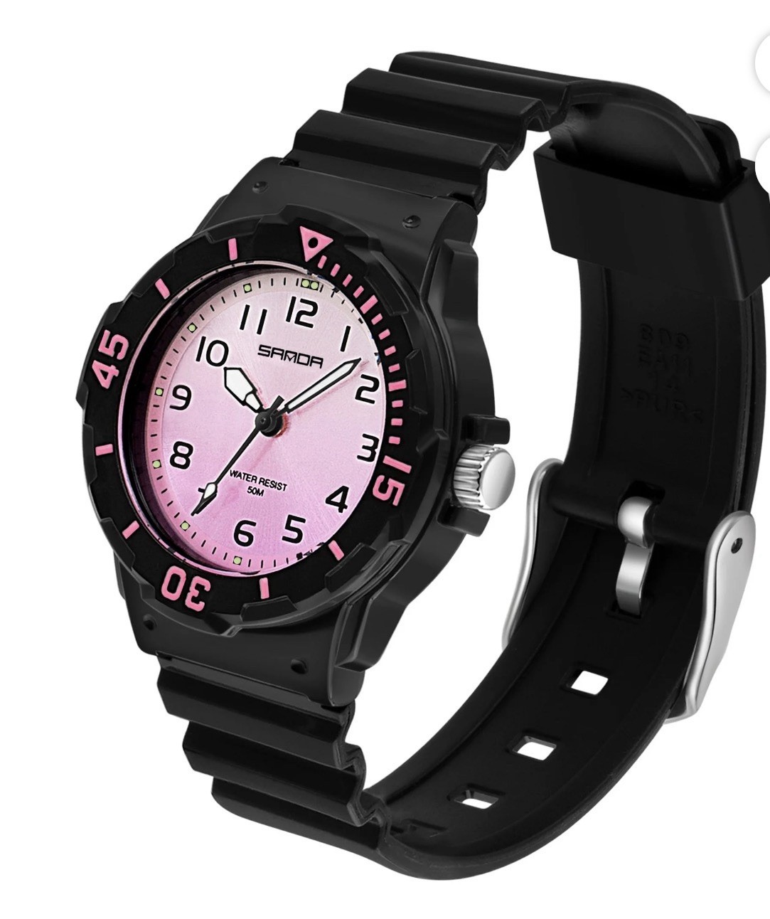 Sanda Women’s Analog Quartz Watch Pink Dial Black Resin Strap 50m WR Sport