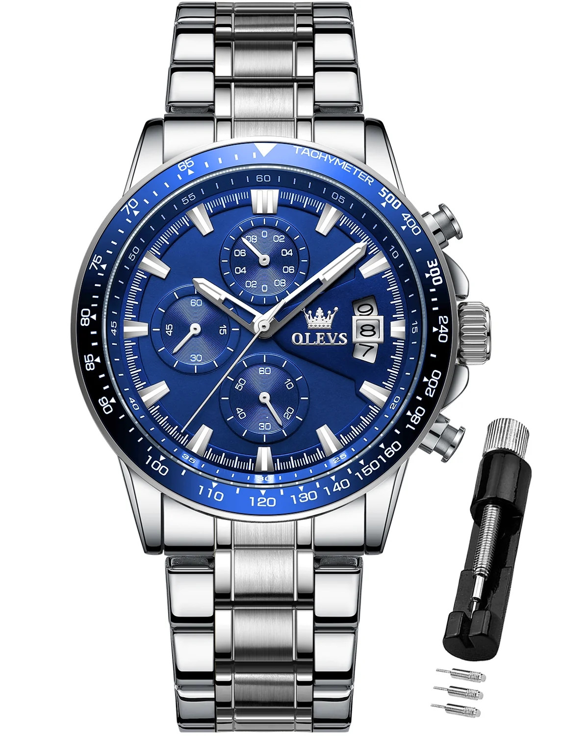 Men’s Chronograph Stainless Steel Watch with Blue Dial and Waterproof Design