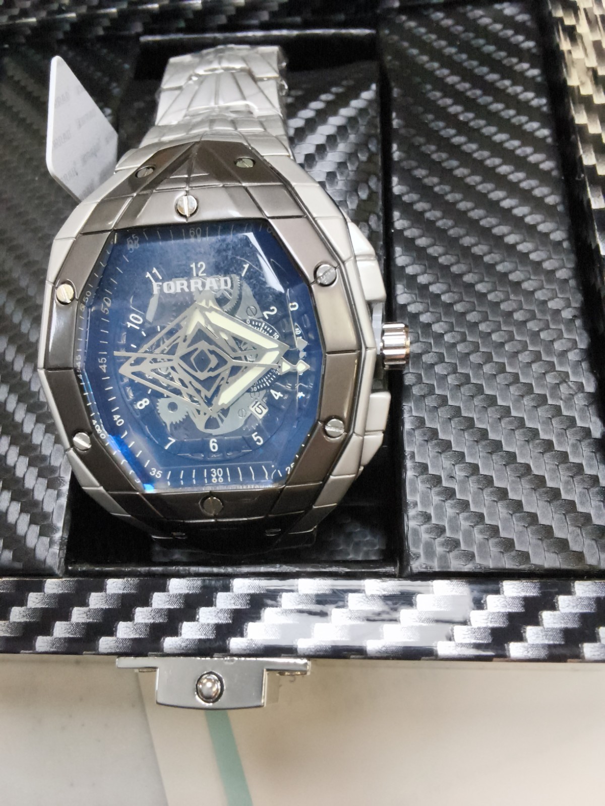 FORRAD Automatic Skeleton Watch Blue Dial Stainless Steel Men’s Watch New in Box