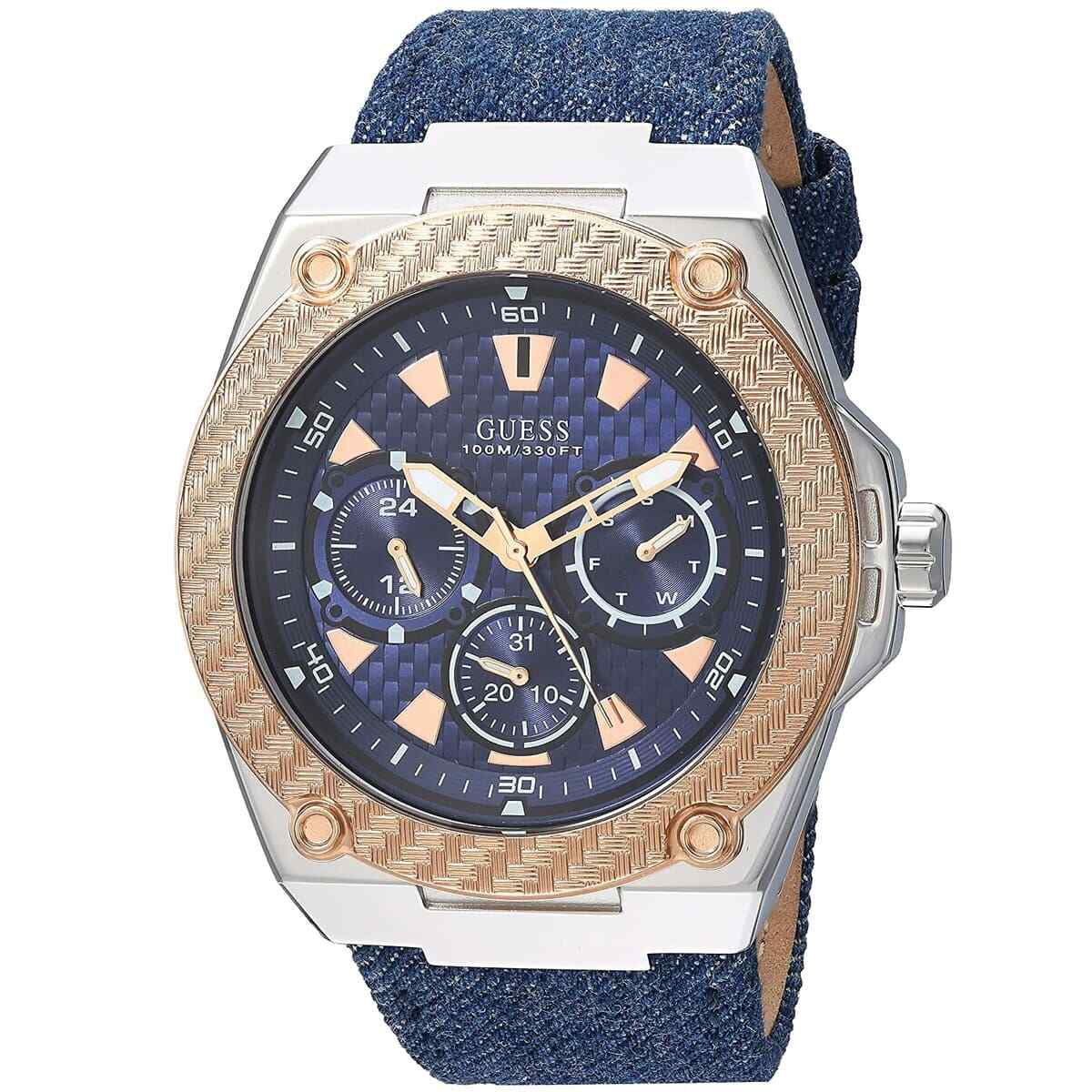 Guess Mens Legency 45mm Blue Leather Band Steel Case Quartz Analog Watch W1058G1