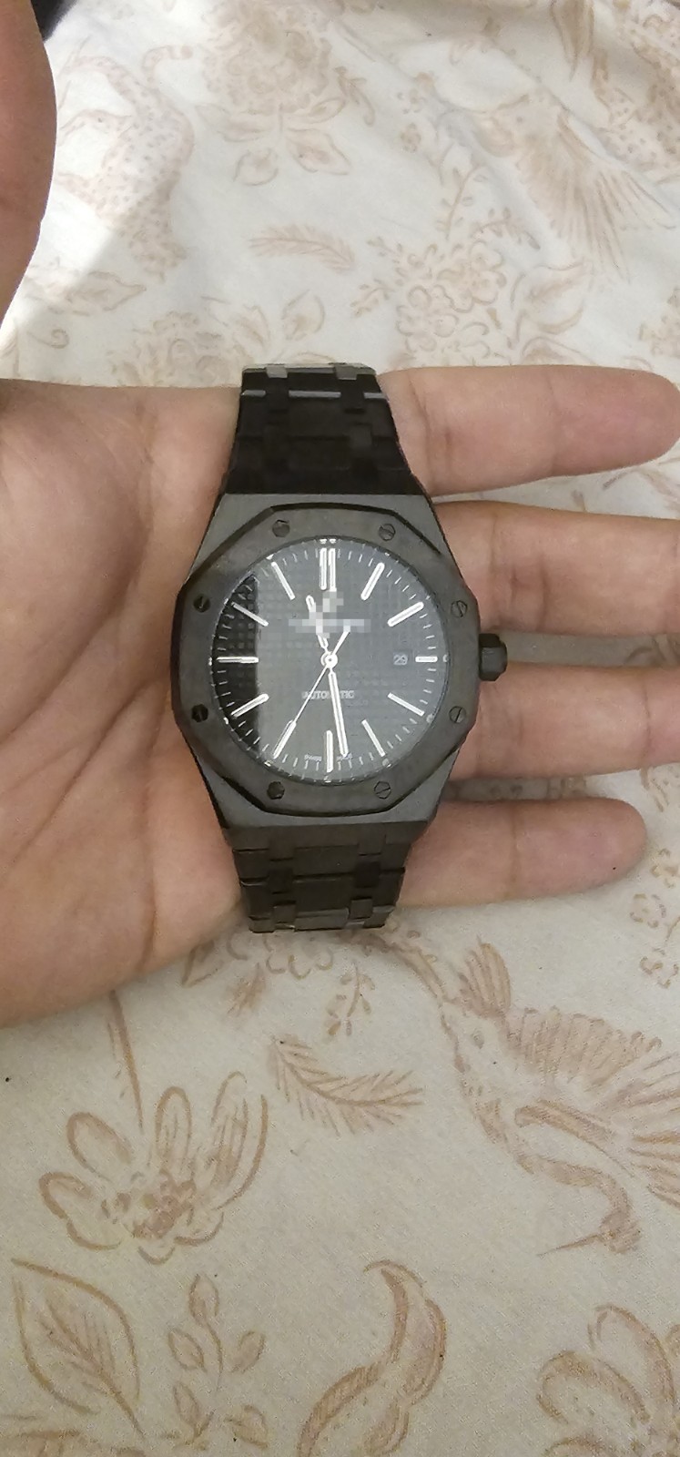 Men’s Black Octagon Analog Wristwatch Date Indicator Black Metal Bracelet
