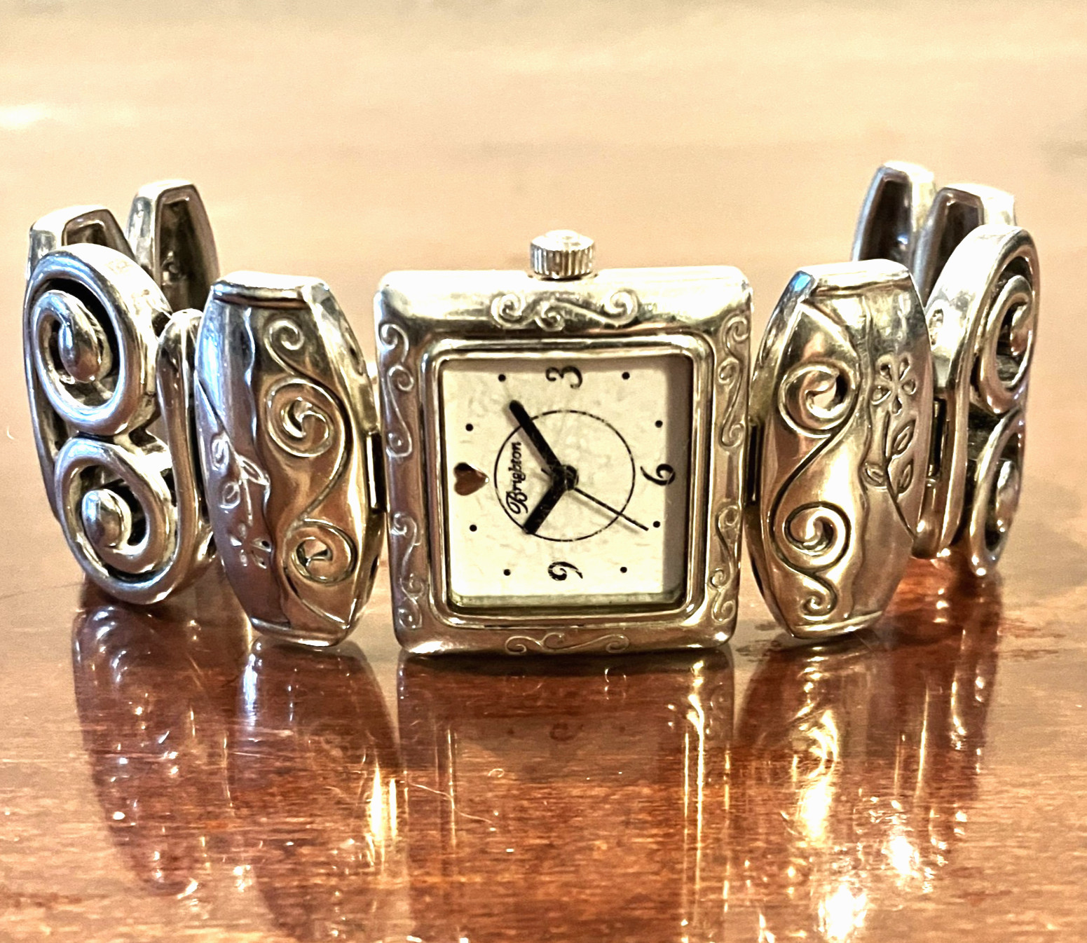 Brighton Silver Plated Wide Etched Panel Bracelet Watch w/ New Battery! 7-8″
