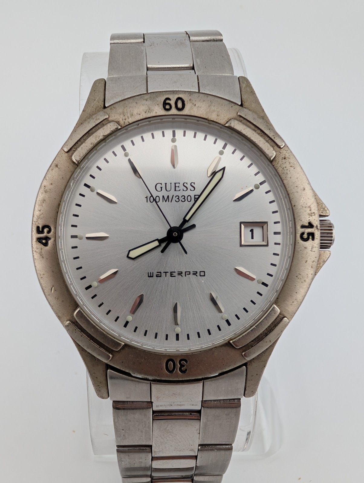 Guess Waterpro Watch Men 37mm Case 7″ Silver Band- New Battery