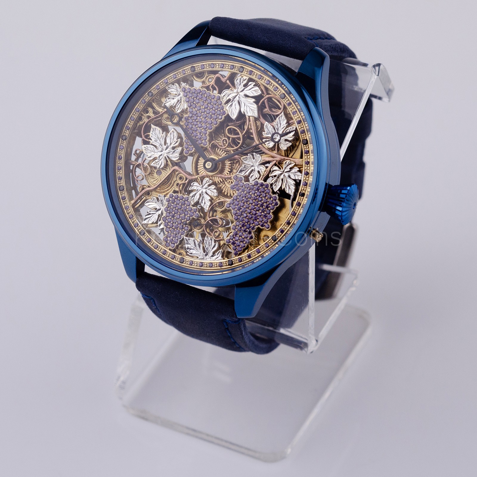 SWISS MOVEMENT SKELETON “GRAPE” ENGRAVED WRISTWATCH CUSTOM MADE MARRIAGE WATCH