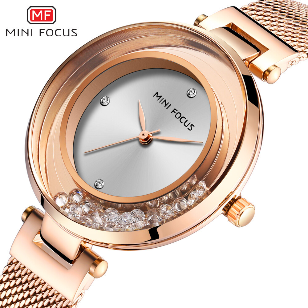 MINI FOCUS Women Watch Rose Gold Wristwatch Elegant Rhinestone Dial Girls Watch