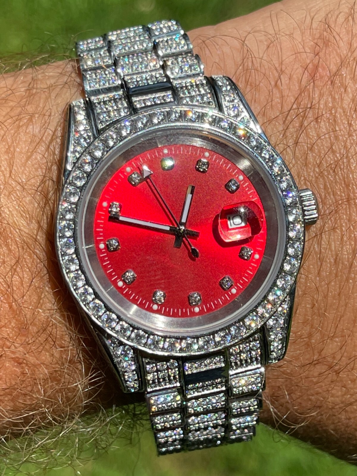 Men Red Dial Presidential Real SS 41mm Watch Fully Iced 12ct Flooded Out CZ
