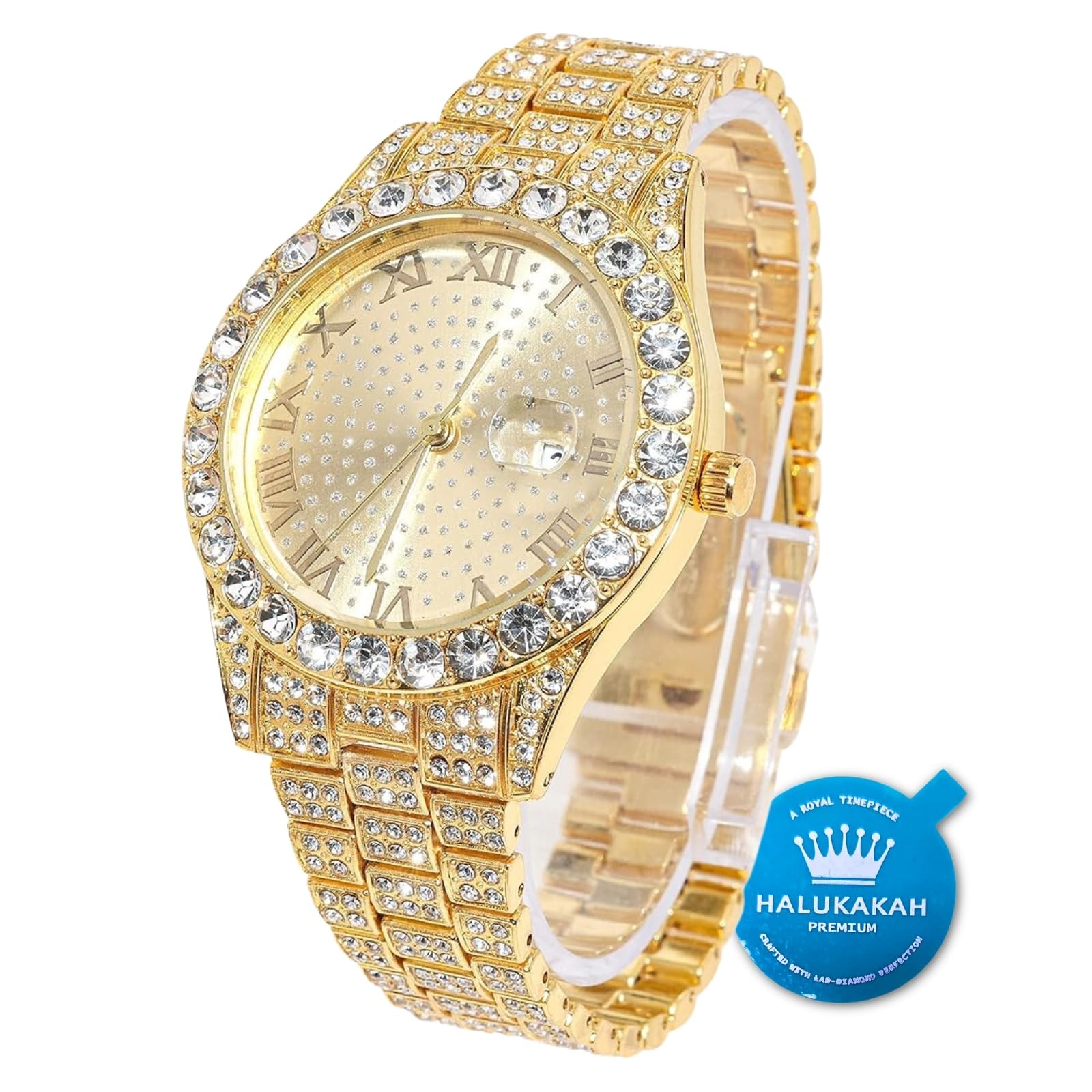 Men’s Gold Watch Diamond Iced Out Luxury 42MM Round Quartz Wristband Gift Box
