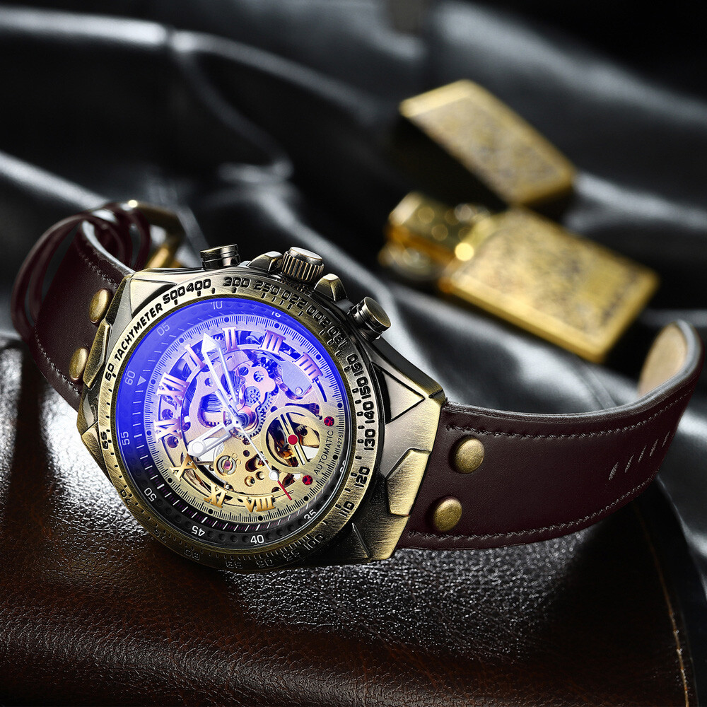 Luxury Men’s Automatic Mechanical Wrist Watch Leather Strap Retro Skeleton Dial